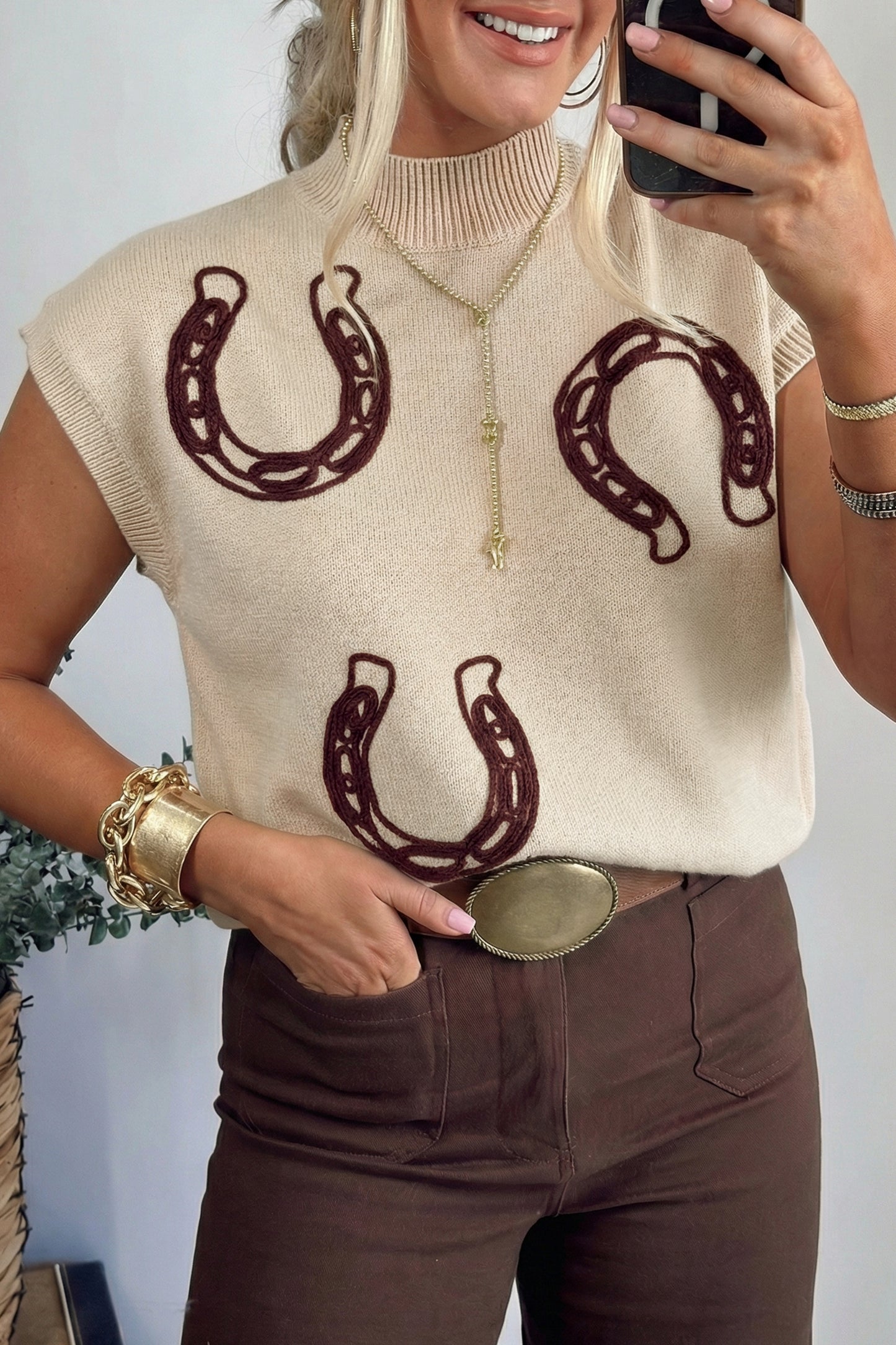 Parchment Corded Horseshoes Ribbed Trim Mock Neck Short Sleeve Sweater-TOPS / DRESSES-[Adult]-[Female]-2022 Online Blue Zone Planet