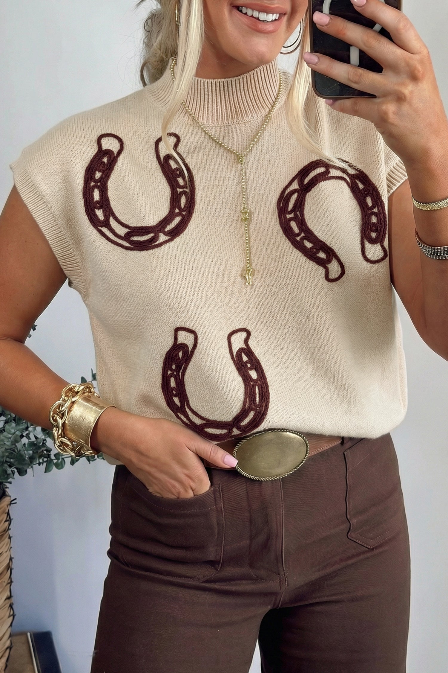 Parchment Corded Horseshoes Ribbed Trim Mock Neck Short Sleeve Sweater-TOPS / DRESSES-[Adult]-[Female]-2022 Online Blue Zone Planet