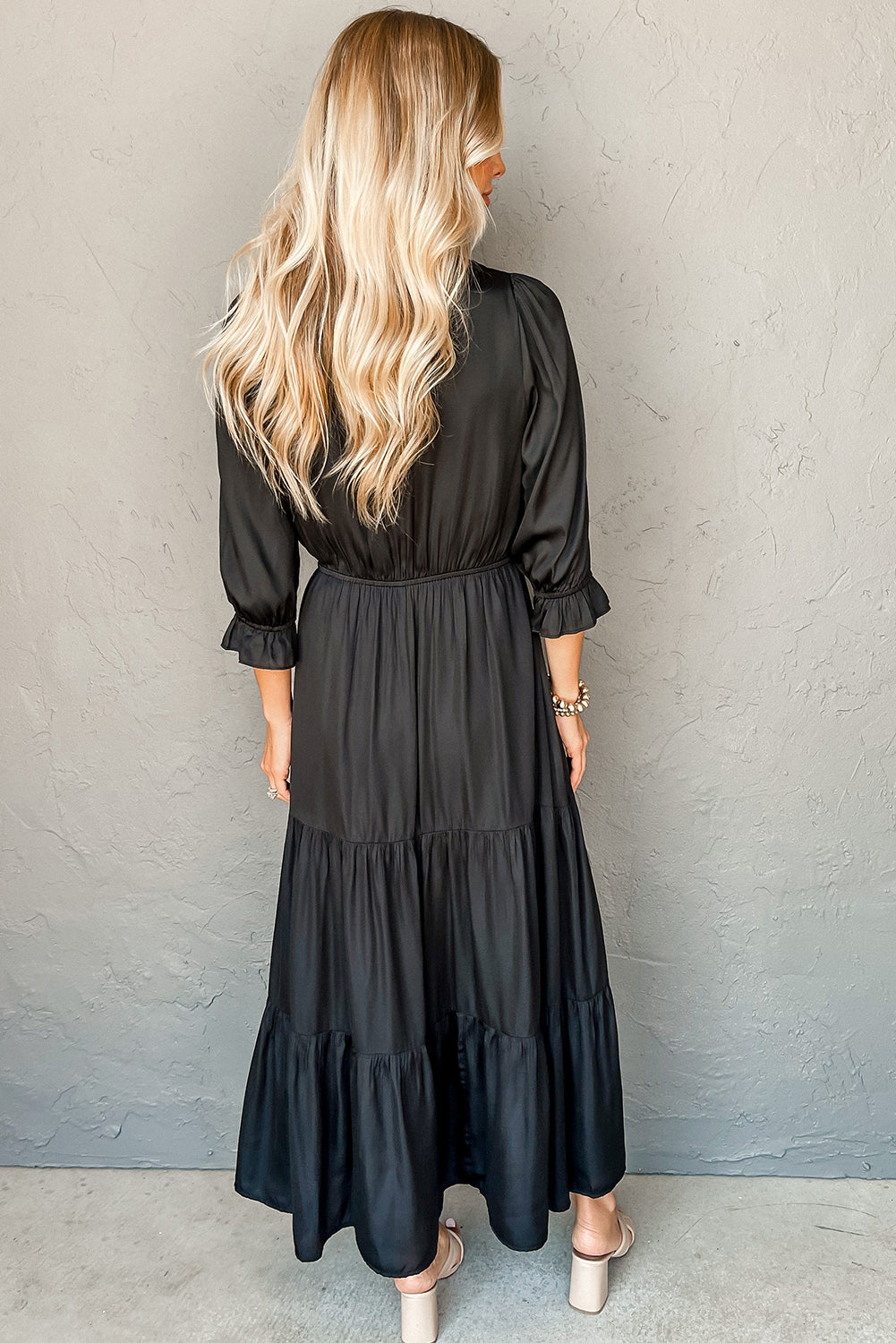 Black Flounced Bracelet Sleeve V Neck Tiered Maxi Dress-Dresses/Maxi Dresses-[Adult]-[Female]-2022 Online Blue Zone Planet