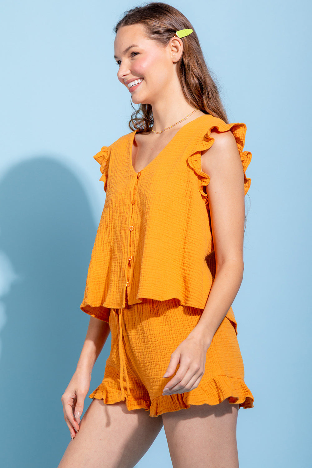 Ruffled V-Neck Cap Sleeve and Shorts Set-TOPS / DRESSES-[Adult]-[Female]-Mustard-S-2022 Online Blue Zone Planet