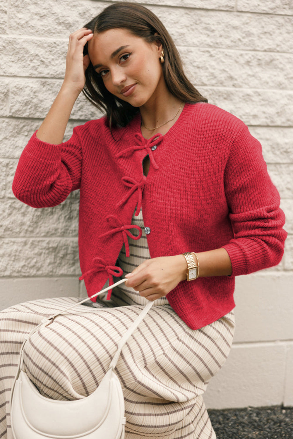 Fiery Red Ribbed Knit Bow Front Buttoned Cardigan-Sweaters & Cardigans/Cardigans-[Adult]-[Female]-2022 Online Blue Zone Planet