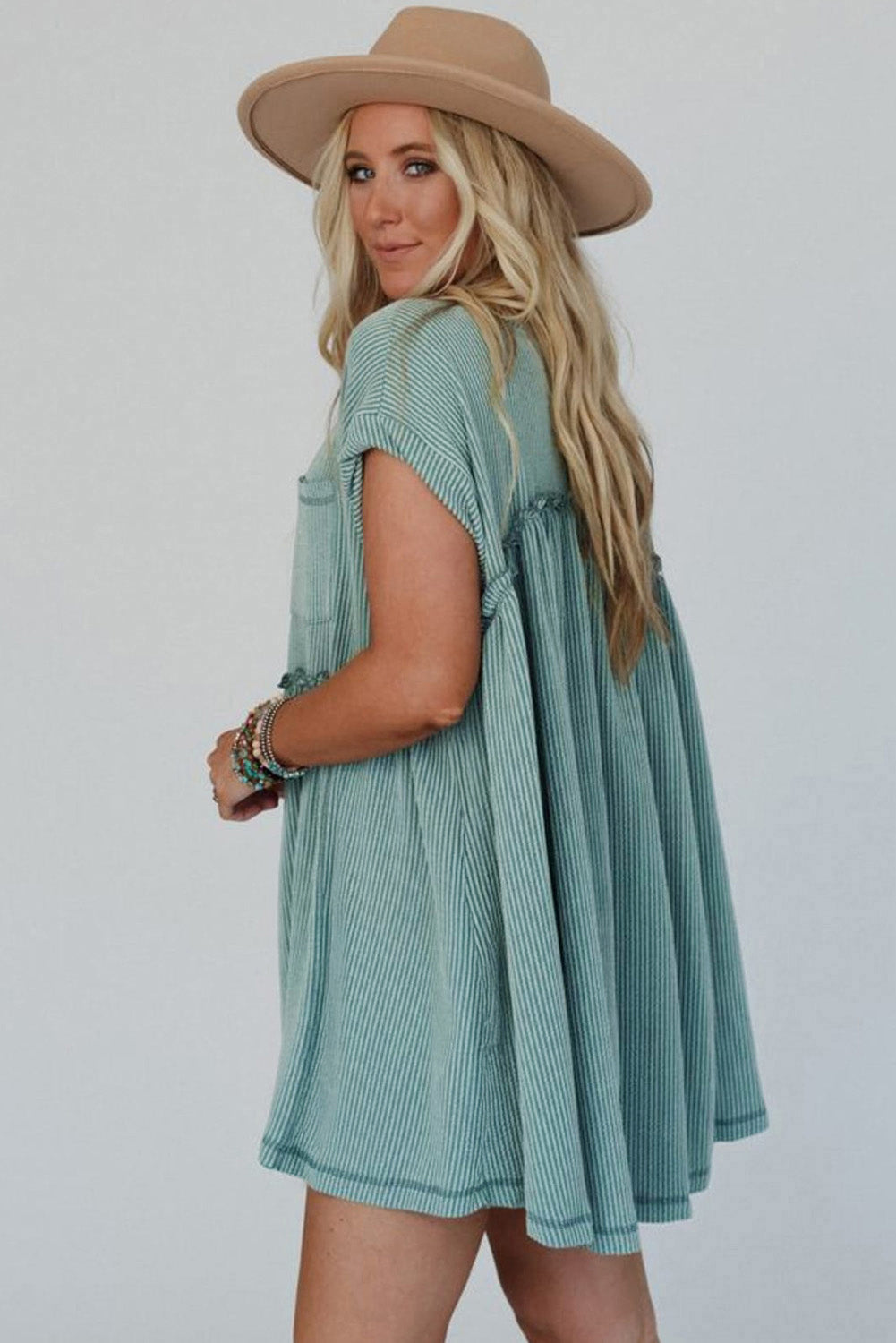 Canton Corded Knit Textured Patched Pocket Frilled Swing Mini Dress with Pockets-TOPS / DRESSES-[Adult]-[Female]-2022 Online Blue Zone Planet