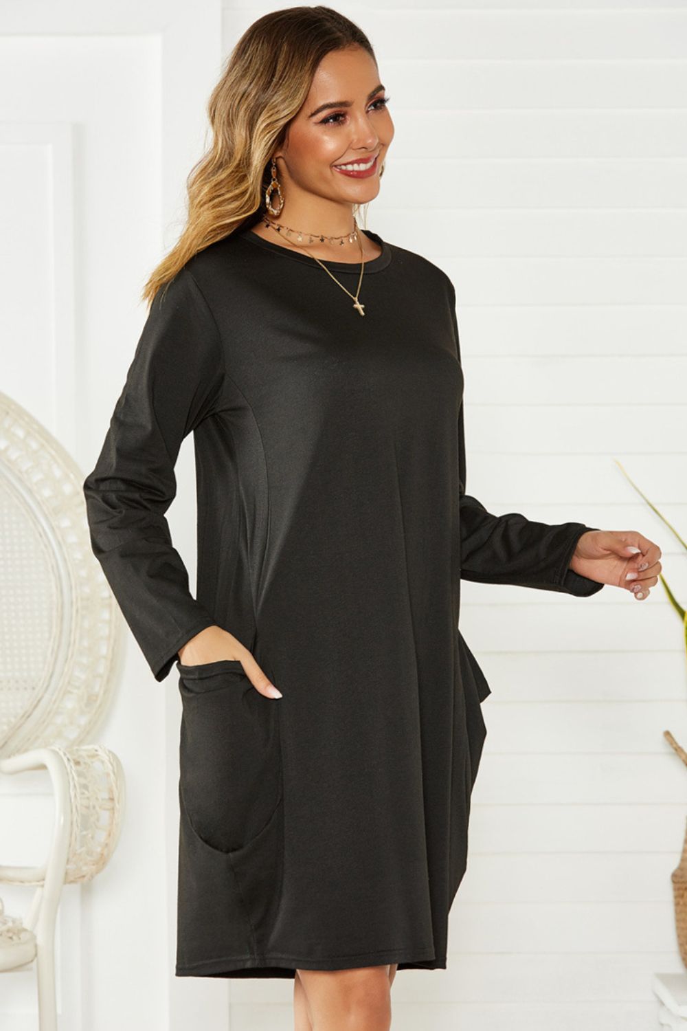 Pocketed Round Neck Long Sleeve Dress-TOPS / DRESSES-[Adult]-[Female]-2022 Online Blue Zone Planet