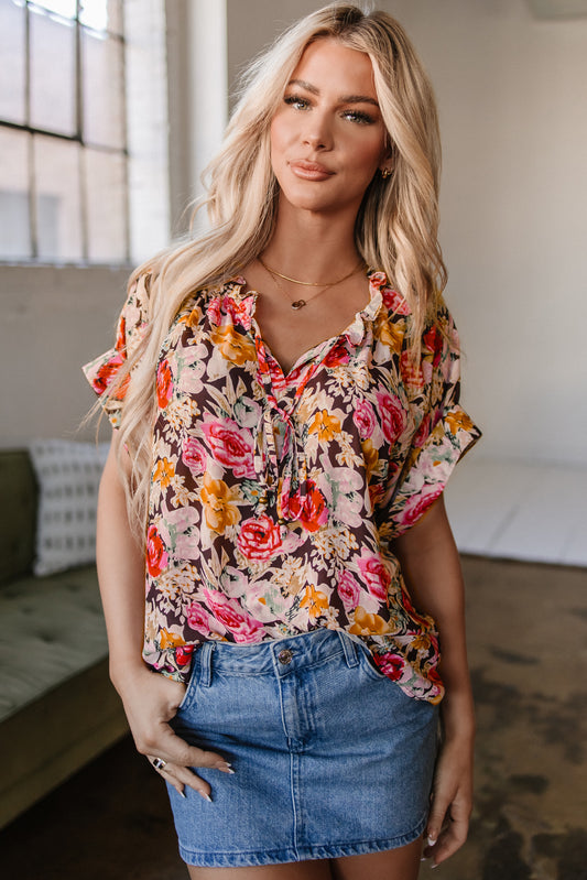 Pink Floral Print Crew Neck Short Sleeve Shift Blouse-Tops/Blouses & Shirts-[Adult]-[Female]-Pink-S-2022 Online Blue Zone Planet