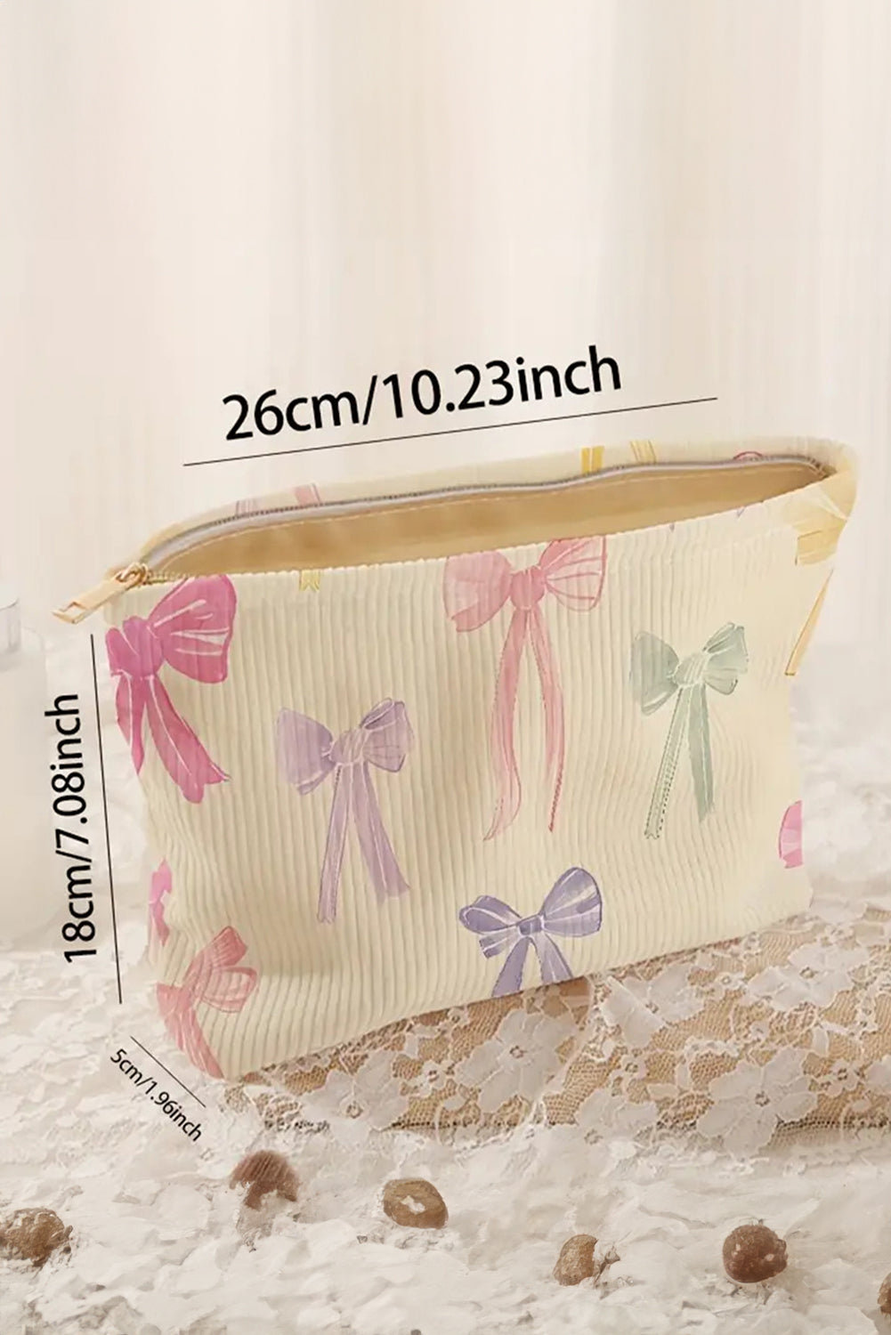 Beige Bow Print Corduroy Makeup Bag-Bags-[Adult]-[Female]-Beige-ONE SIZE-2022 Online Blue Zone Planet