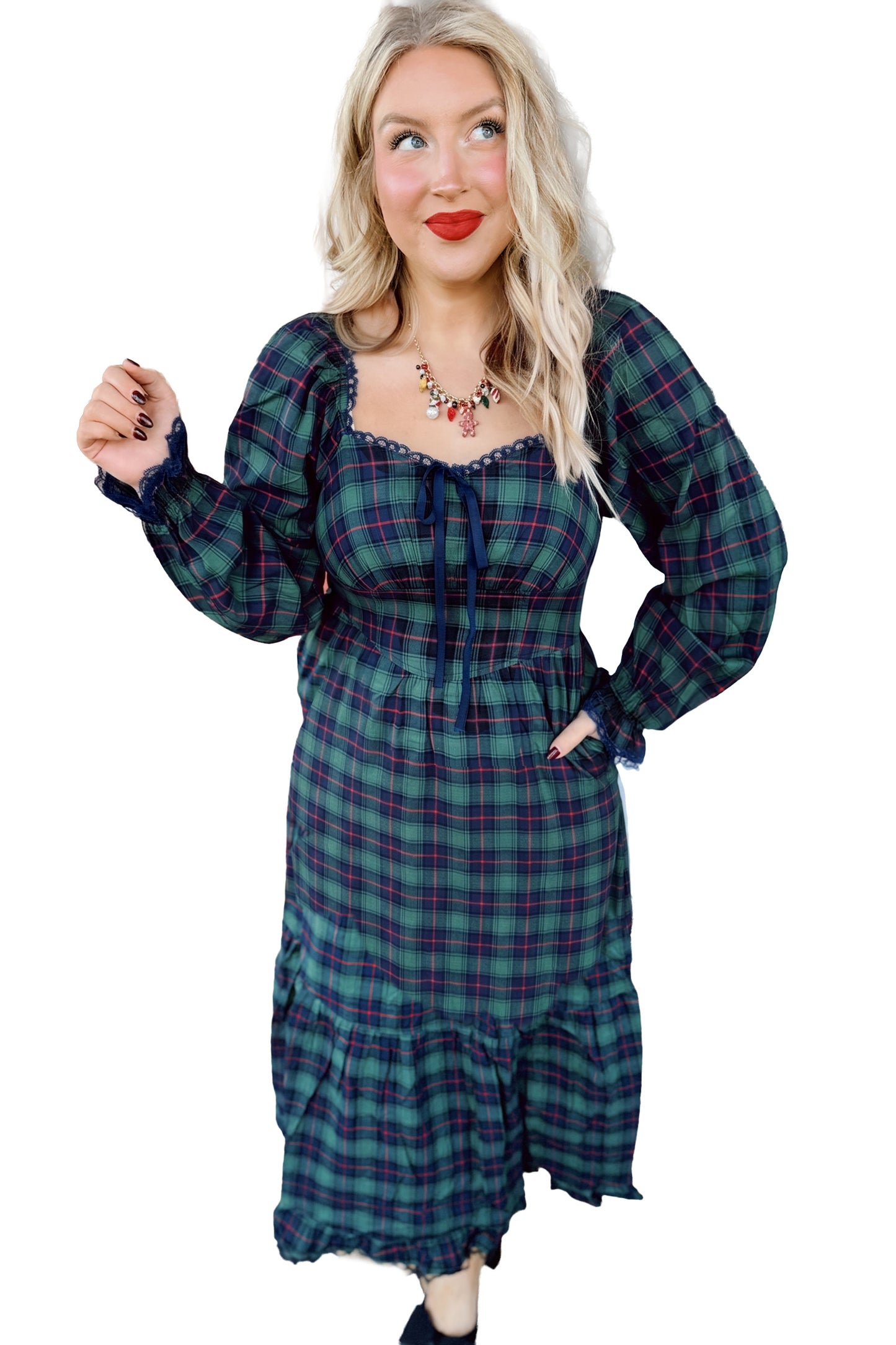 Green Vintage Plaid Square Neck Lace Trim Long Sleeve Shift Dress-TOPS / DRESSES-[Adult]-[Female]-2022 Online Blue Zone Planet