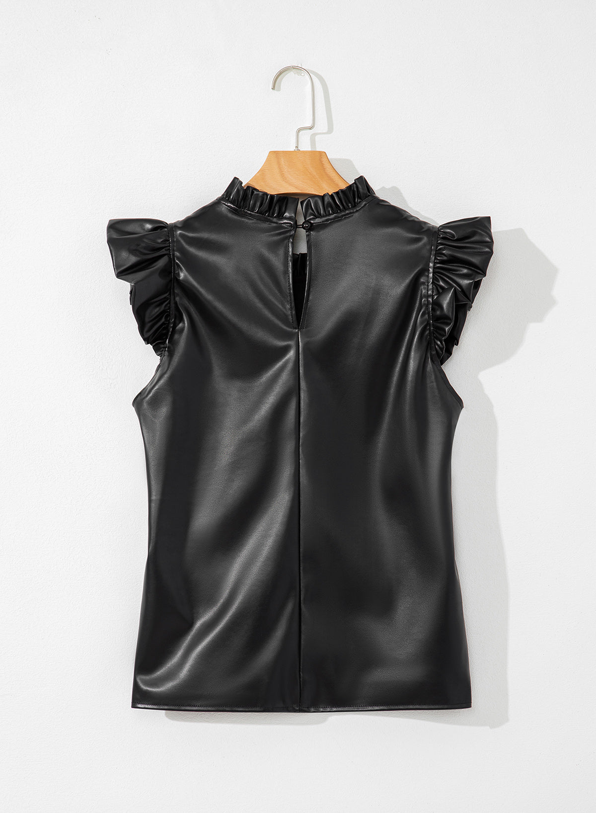 Black PU Leather Frilly Ruffle Trim Blouse-Tops/Blouses & Shirts-[Adult]-[Female]-2022 Online Blue Zone Planet