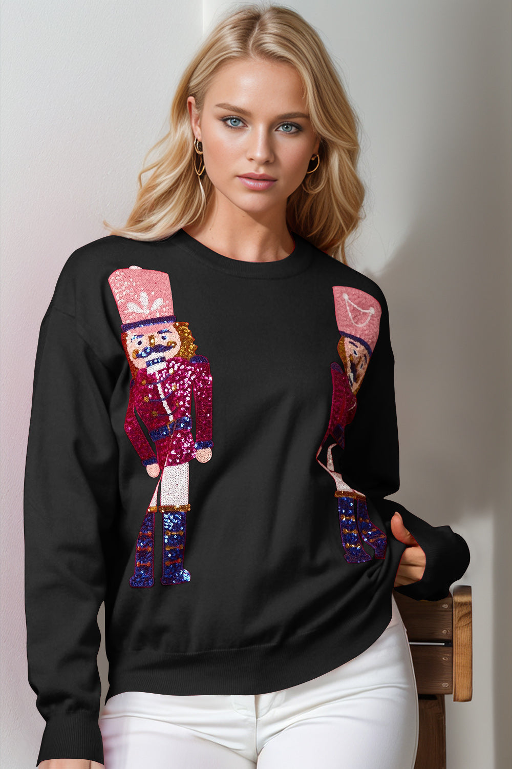 Blue Zone Planet | Double Take Full Size Nutcracker Sequin Long Sleeve Sweater-TOPS / DRESSES-[Adult]-[Female]-Black-S/M-2022 Online Blue Zone Planet