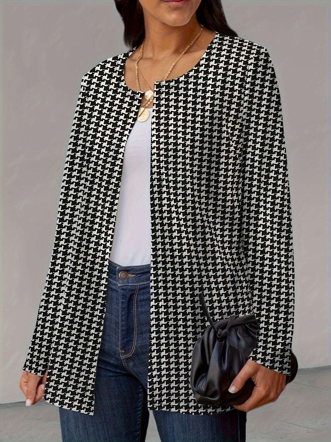 Houndstooth Open Front Long Sleeve Jacket-TOPS / DRESSES-[Adult]-[Female]-Black-S-2022 Online Blue Zone Planet