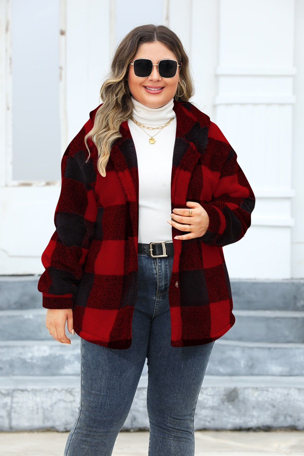 Plus Size Plaid Button Up Hooded Jacket-TOPS / DRESSES-[Adult]-[Female]-2022 Online Blue Zone Planet