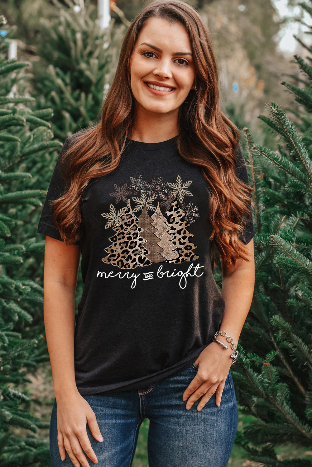 Black Leopard Christmas Tree Graphic Crew Neck T Shirt-Graphic/Graphic Tees-[Adult]-[Female]-2022 Online Blue Zone Planet