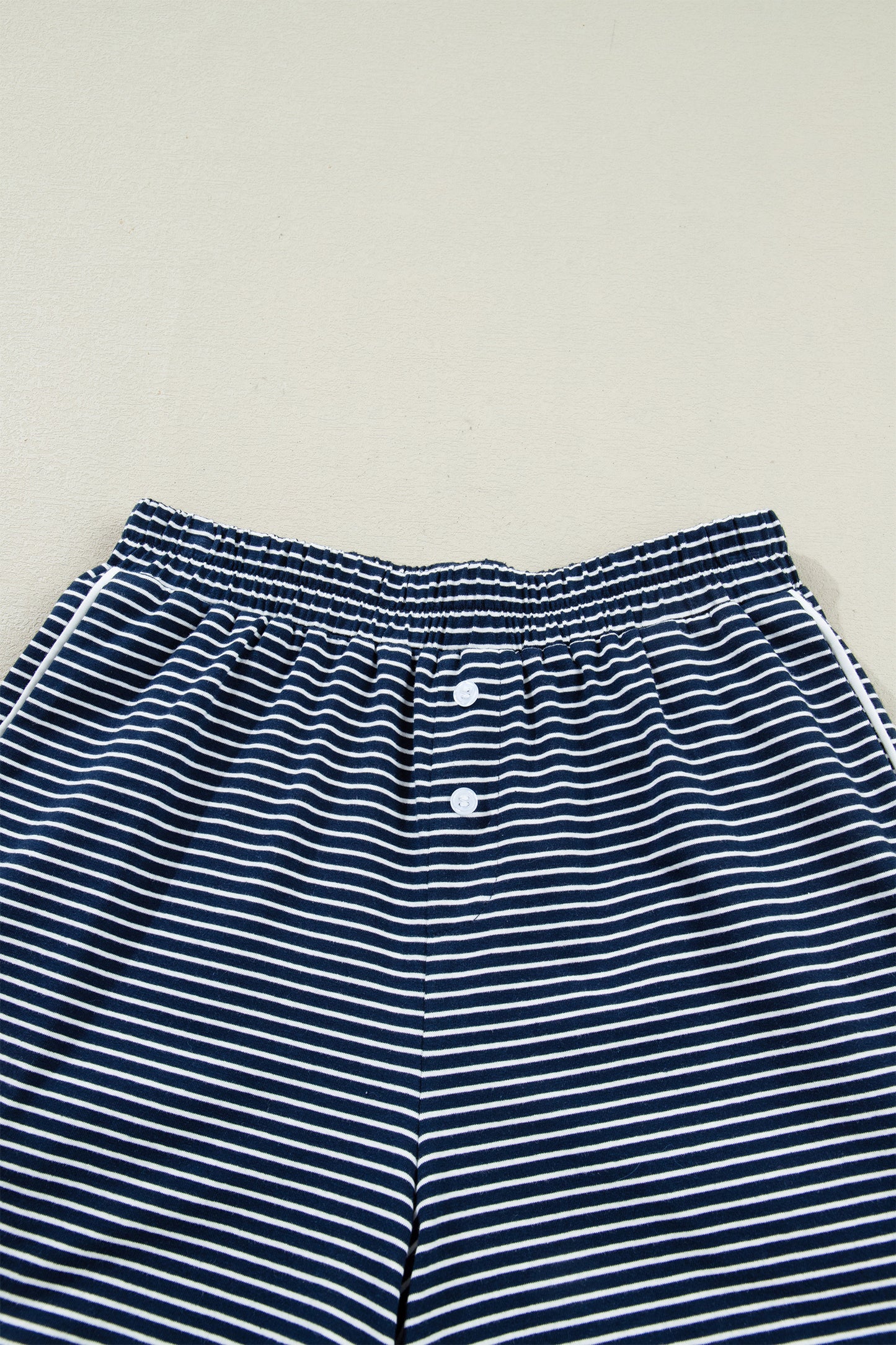 Blue Stripe Drop Shoulder Round Neck Long Sleeve Tee and Buttoned Shorts 2pcs Lounge Set-Loungewear & Sleepwear/Loungewear-[Adult]-[Female]-2022 Online Blue Zone Planet