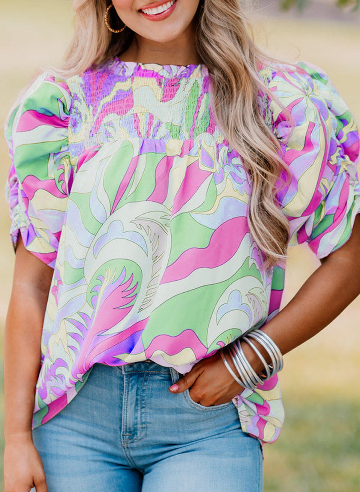 Green Abstract Print Bubble Sleeve Smock Detail Blouse-Tops/Blouses & Shirts-[Adult]-[Female]-Green-S-2022 Online Blue Zone Planet