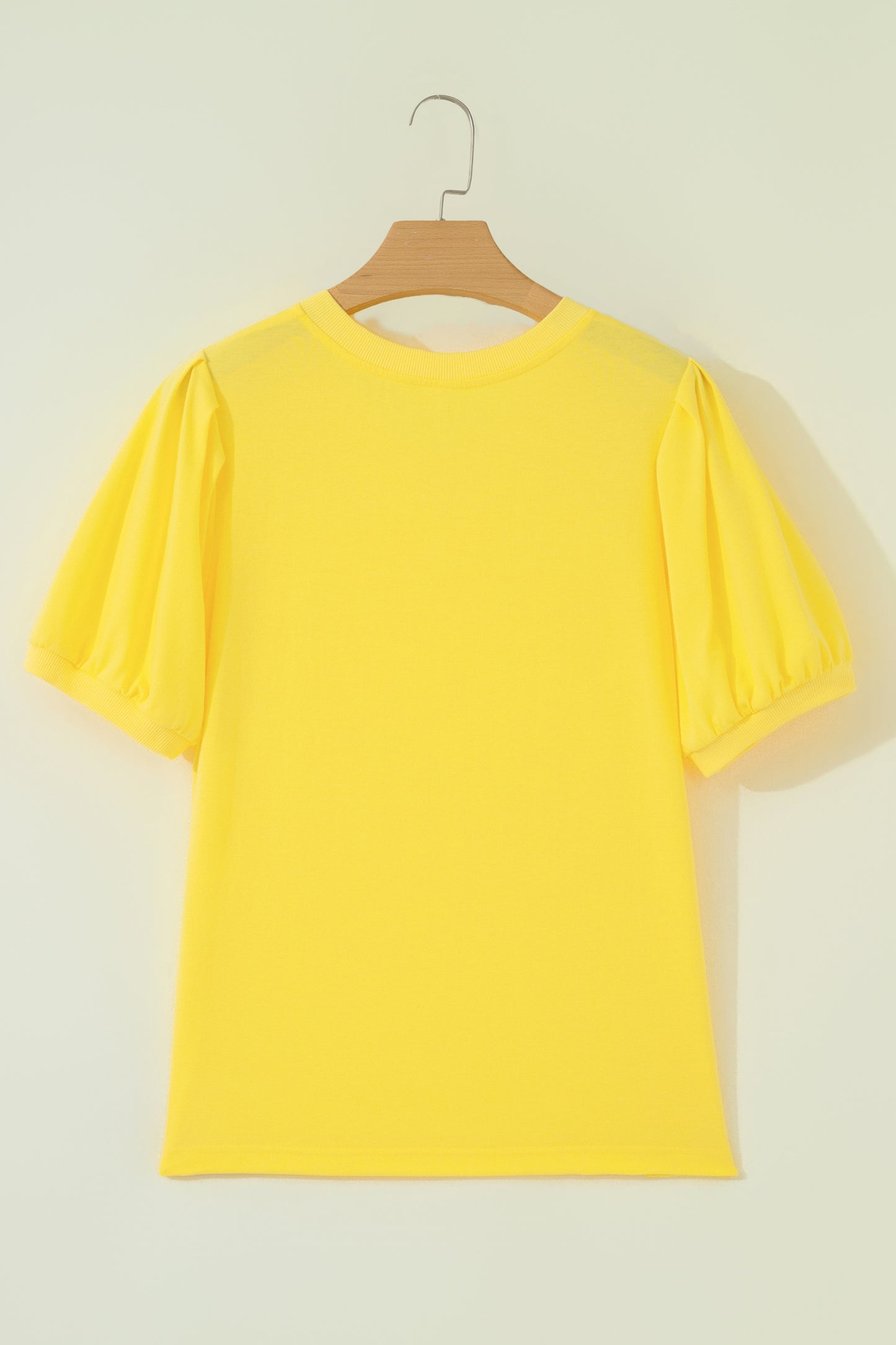 Yellow Solid Color V Neck Short Puff Sleeve Blouse-Tops/Blouses & Shirts-[Adult]-[Female]-2022 Online Blue Zone Planet