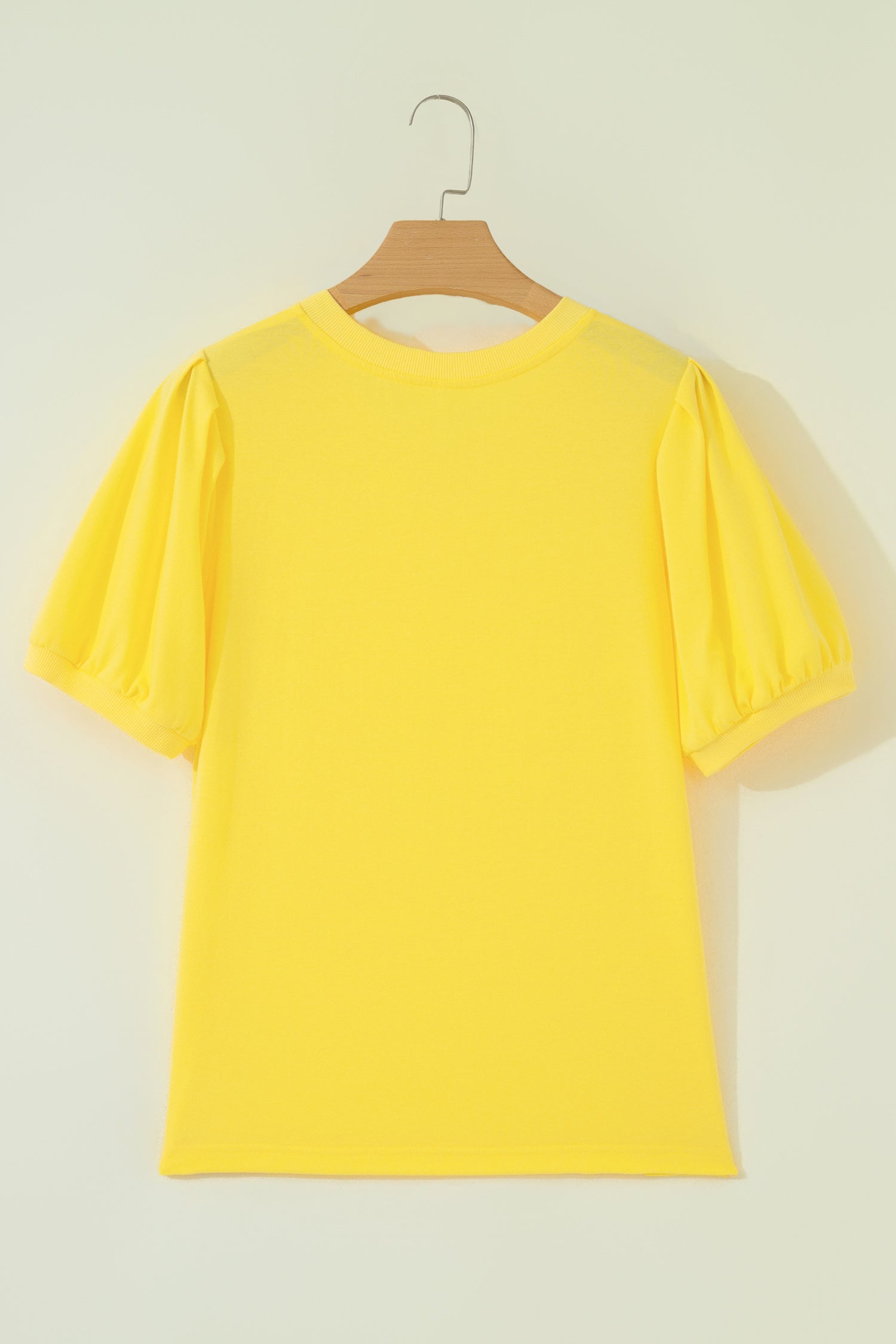 Yellow Solid Color V Neck Short Puff Sleeve Blouse-Tops/Blouses & Shirts-[Adult]-[Female]-2022 Online Blue Zone Planet