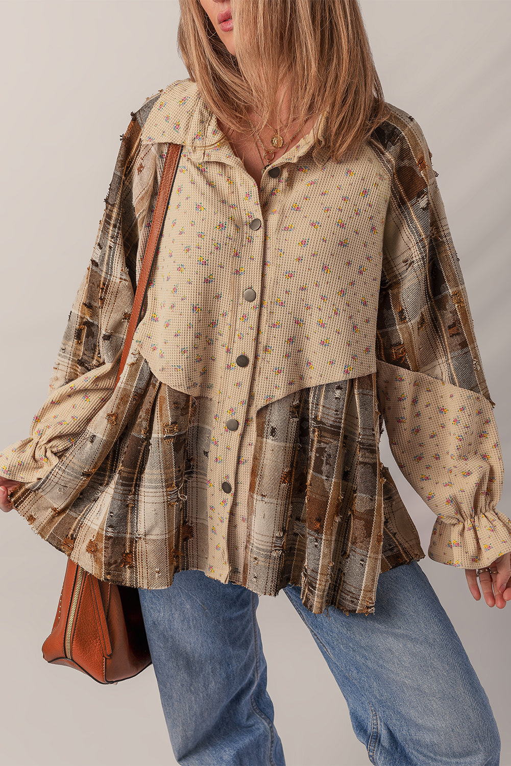 Oatmeal Boho Floral Plaid Patchwork Distressed Detail Ruffled Sleeve Waffle Knit Shacket-Outerwear/Jackets-[Adult]-[Female]-Oatmeal-S-2022 Online Blue Zone Planet