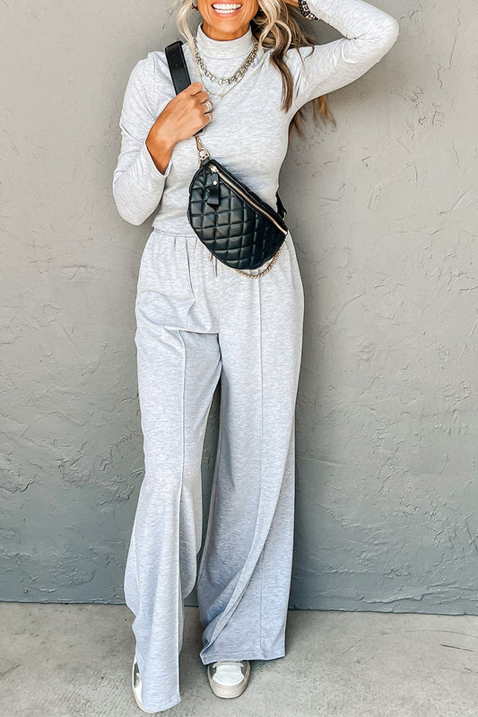 Light Grey Long Sleeve High Neck Slim Top Smocked Waist Central Seam Pants Set-Two Piece Sets/Pant Sets-[Adult]-[Female]-Light Grey-S-2022 Online Blue Zone Planet