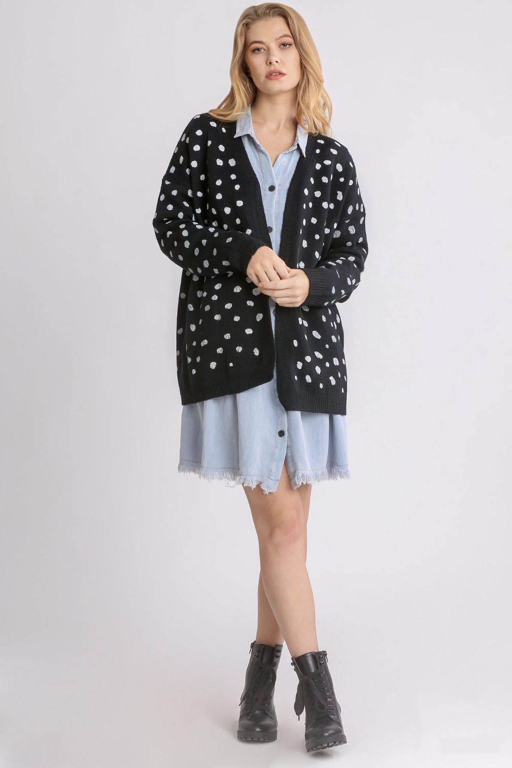 Umgee Polka Dot Open Front Drop Shoulder Cardigan-TOPS / DRESSES-[Adult]-[Female]-2022 Online Blue Zone Planet