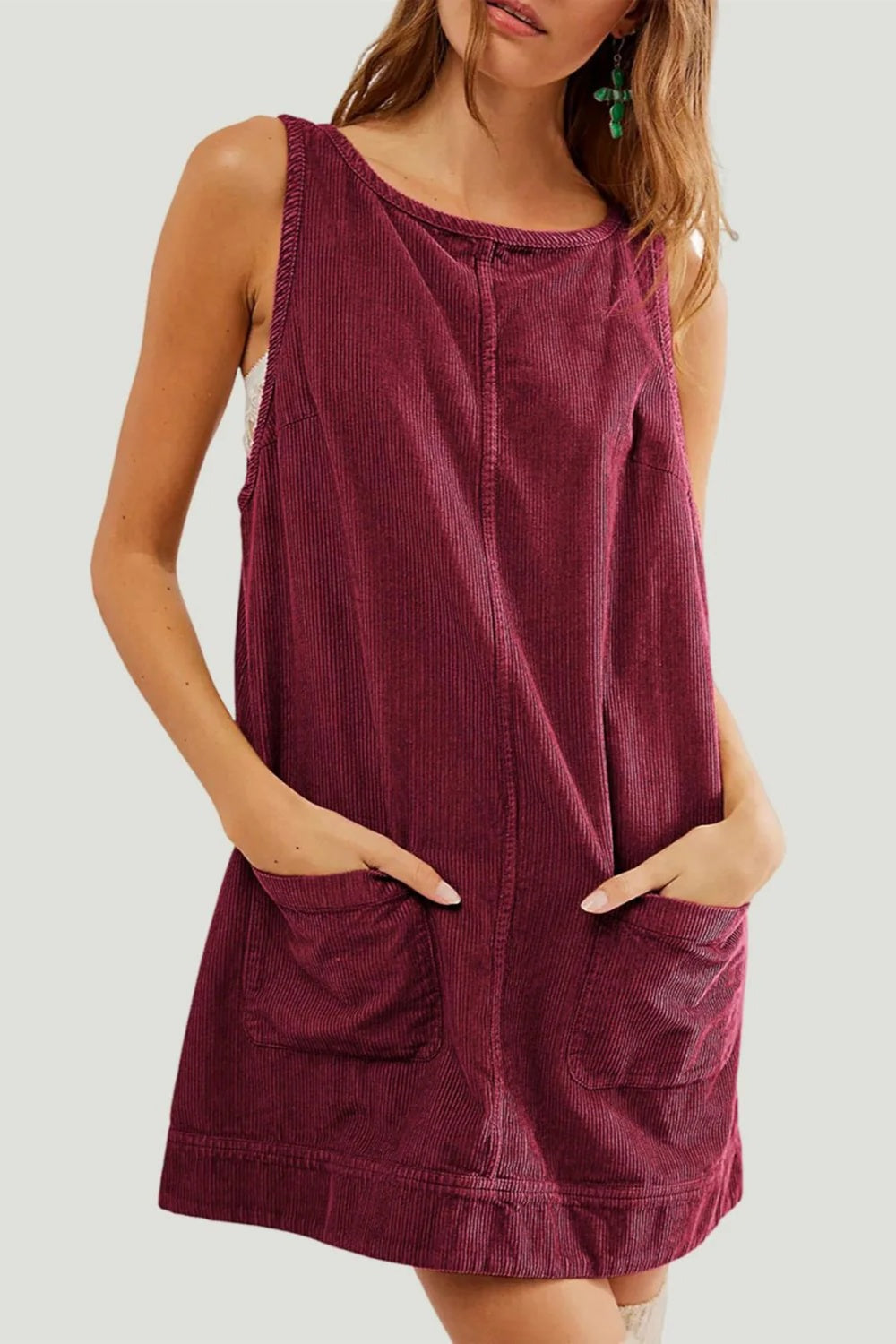 Round Neck Wide Strap Corduroy Mini Dress-TOPS / DRESSES-[Adult]-[Female]-Burgundy-S-2022 Online Blue Zone Planet