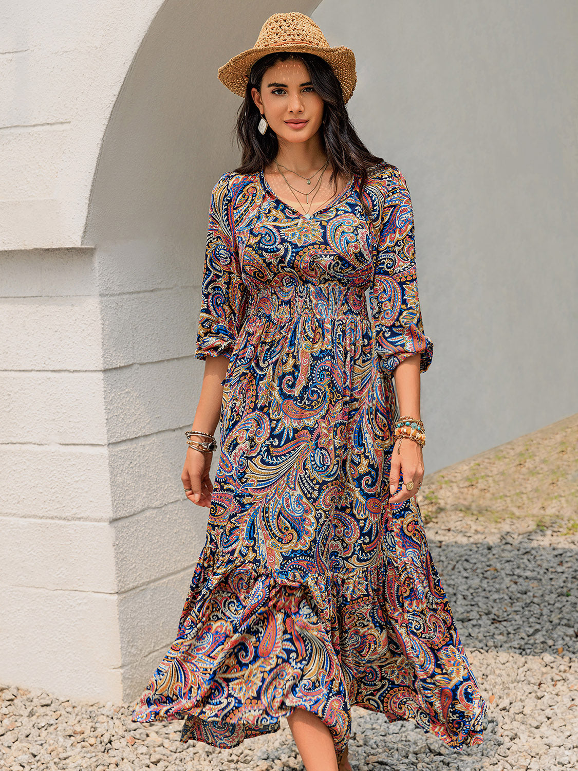 Printed Tie Neck Long Sleeve Midi Dress-TOPS / DRESSES-[Adult]-[Female]-2022 Online Blue Zone Planet