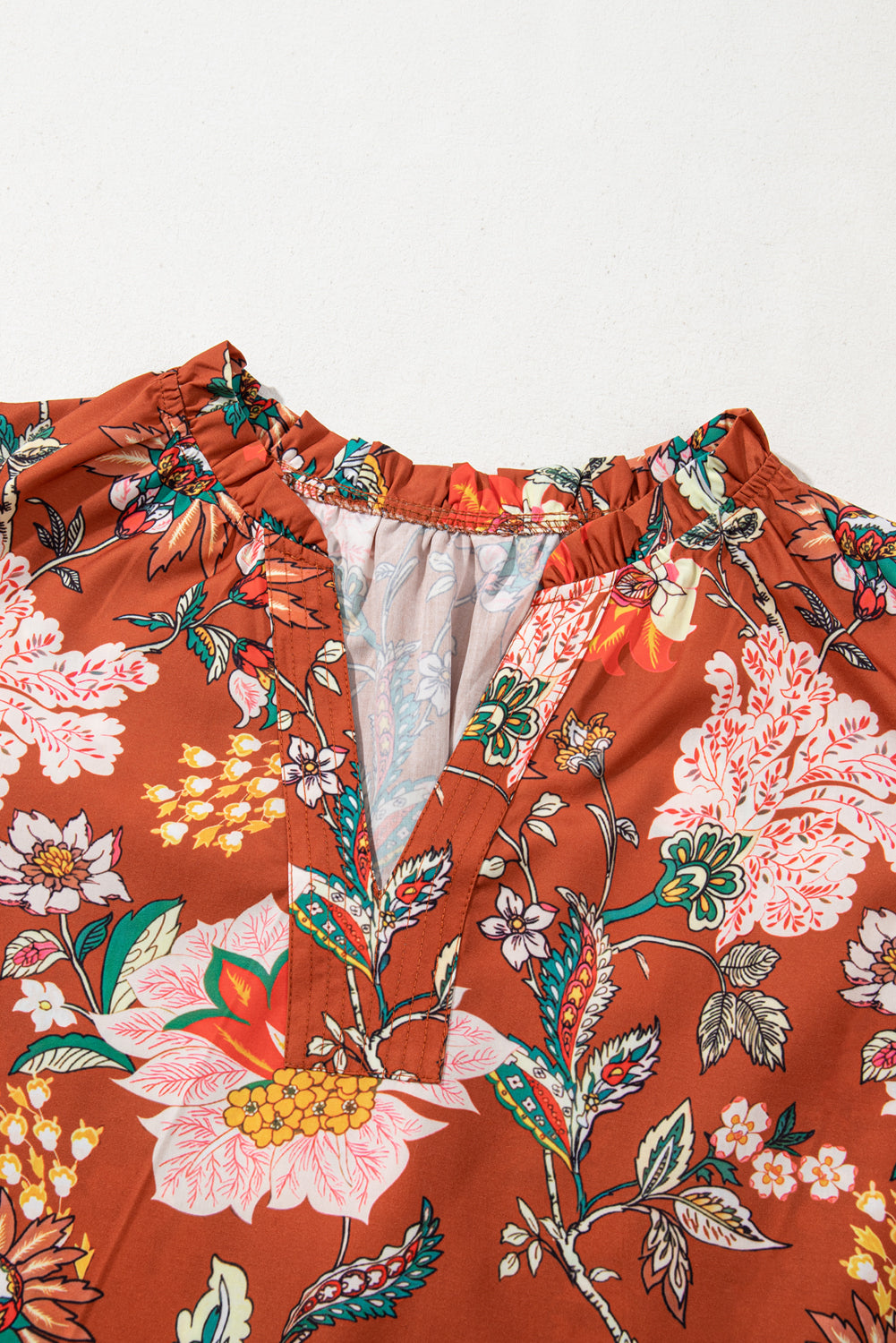 Brown Floral Stitched V Neck Frilled Trim Puff Short Sleeve Blouse-Plus Size/Plus Size Tops/Plus Size Blouses & Shirts-[Adult]-[Female]-2022 Online Blue Zone Planet