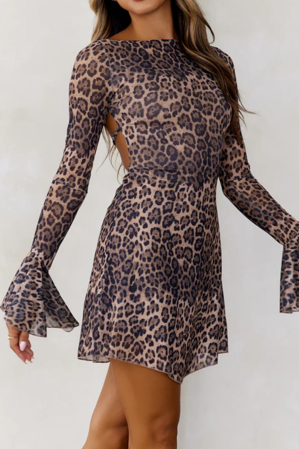 Backless Leopard Flare Sleeve Dress-TOPS / DRESSES-[Adult]-[Female]-2022 Online Blue Zone Planet