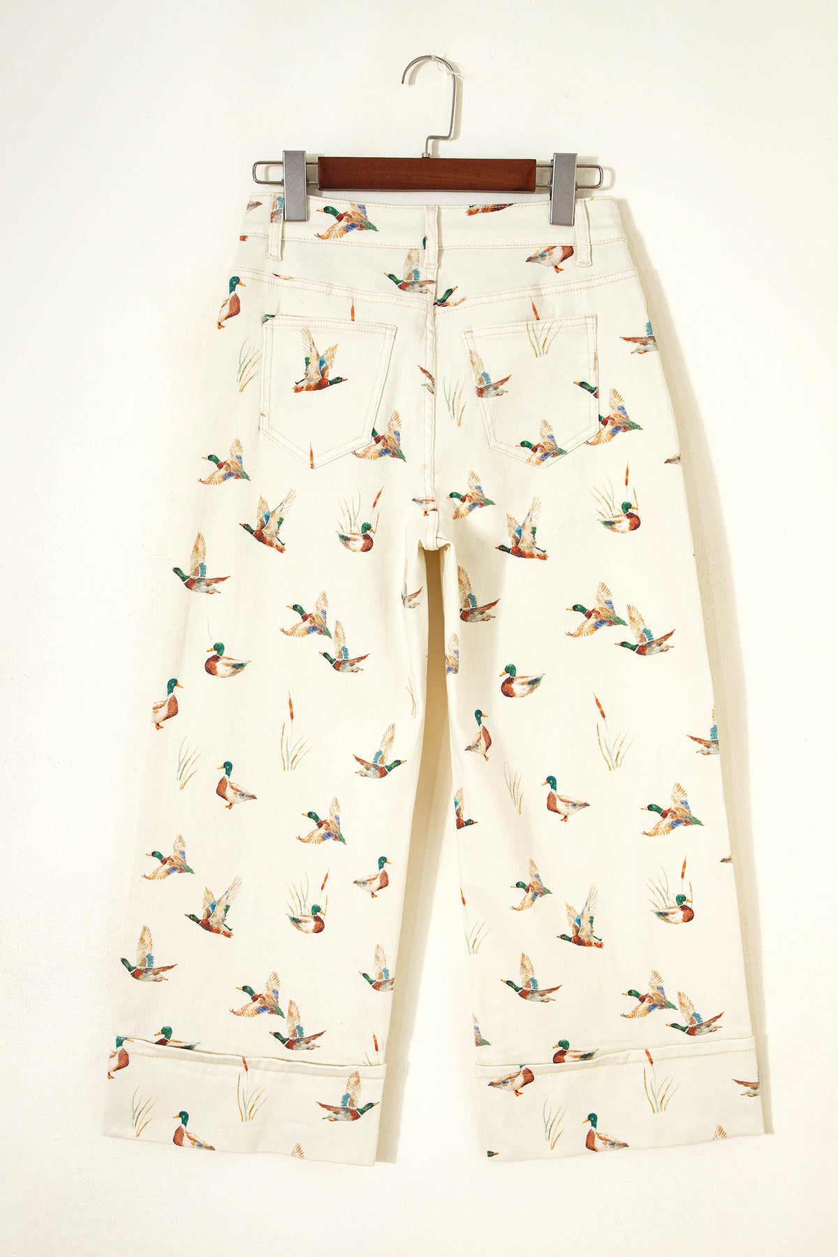 Beige Stylish Mallard Printed Cuffed Hem Shift Jeans-Bottoms/Jeans-[Adult]-[Female]-2022 Online Blue Zone Planet
