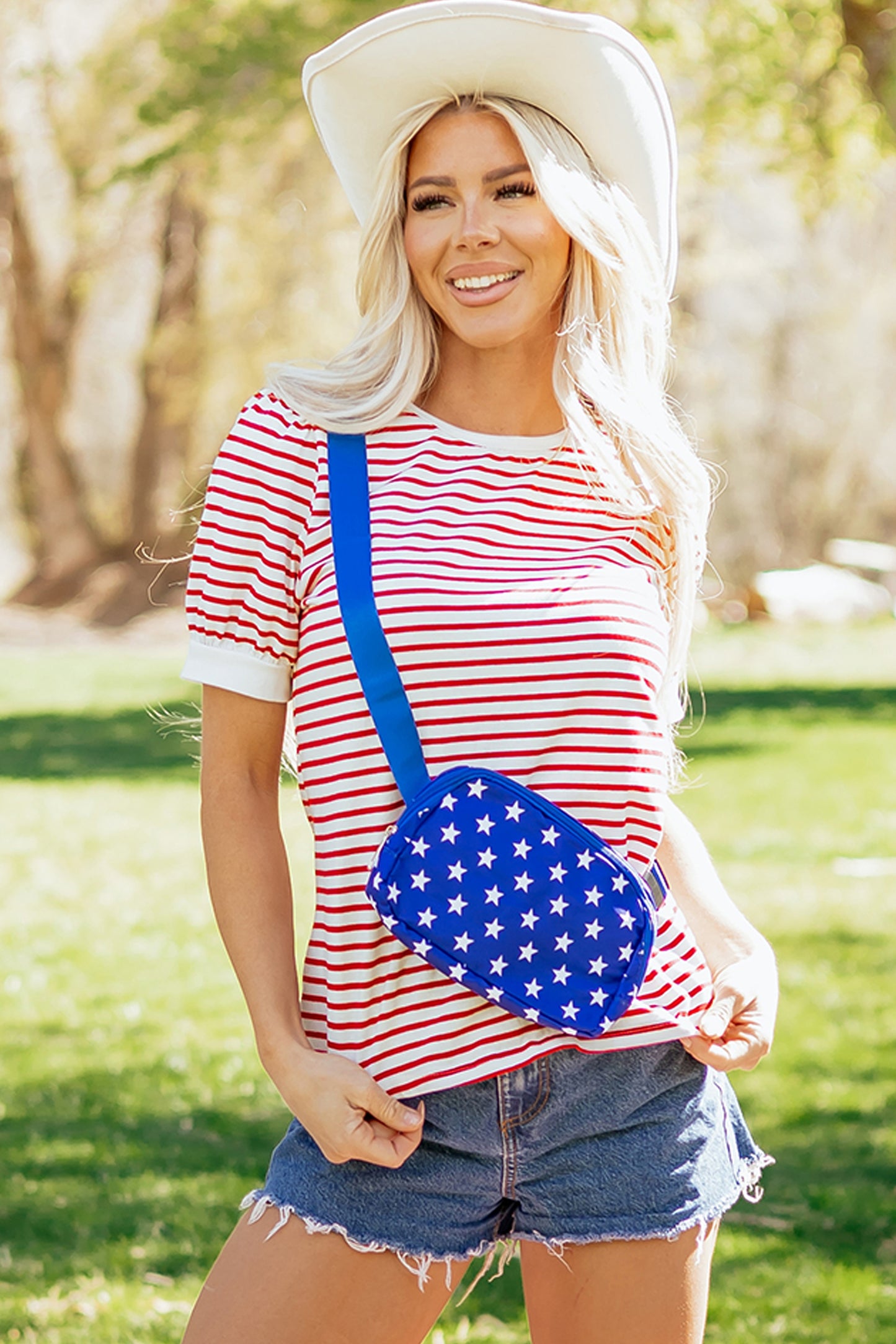 Red Stripe Contrast Trim Round Neck Short Puff Sleeve T Shirt-Tops/Tops & Tees-[Adult]-[Female]-2022 Online Blue Zone Planet