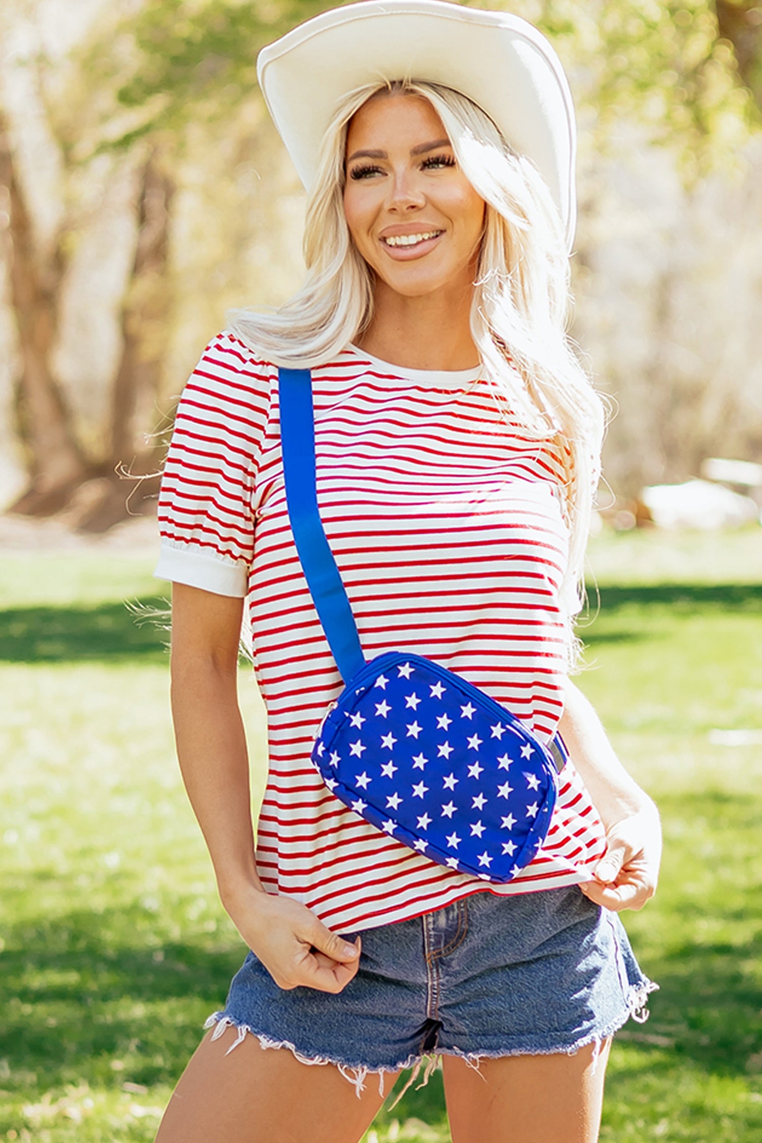 Red Stripe Contrast Trim Round Neck Short Puff Sleeve T Shirt-Tops/Tops & Tees-[Adult]-[Female]-2022 Online Blue Zone Planet