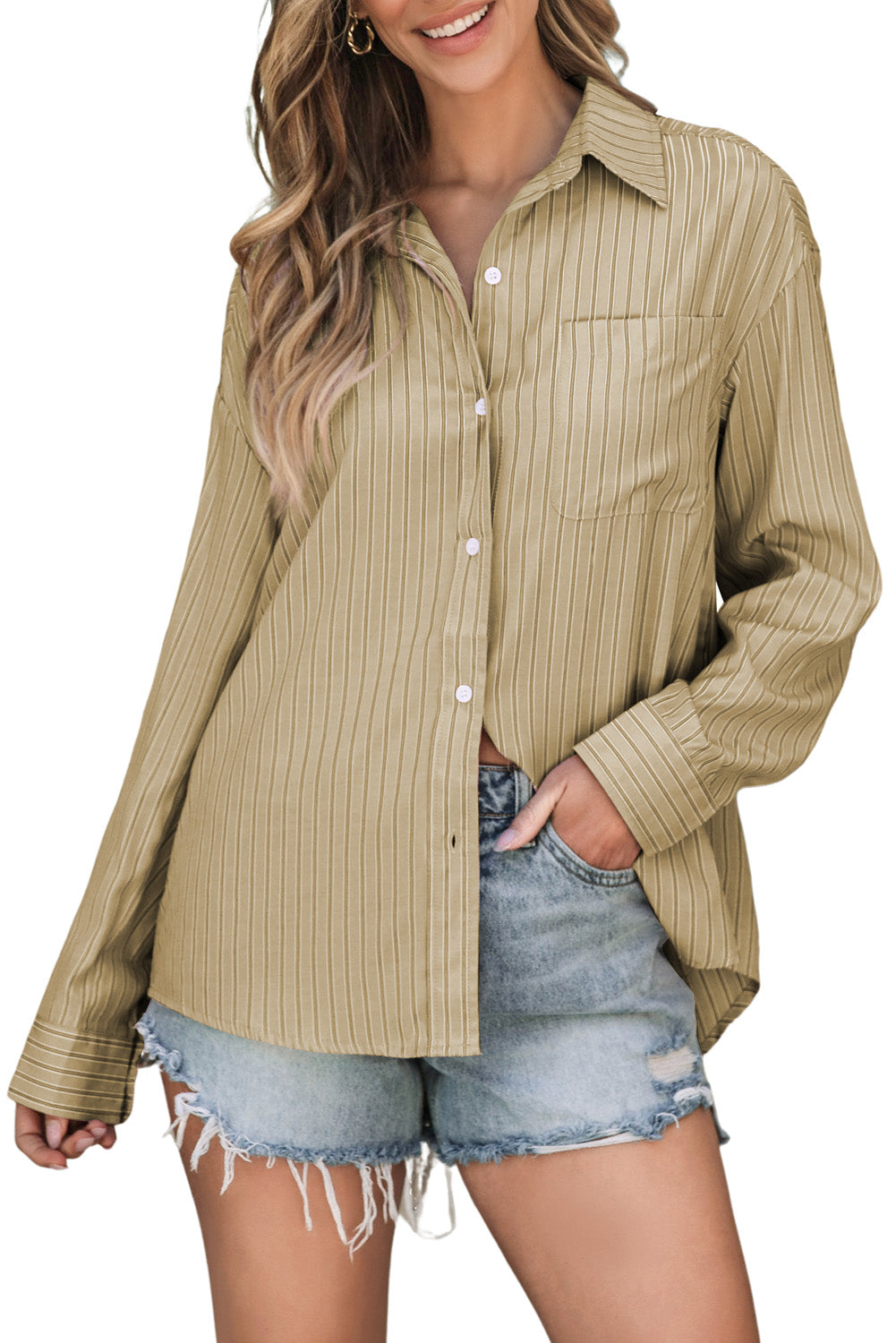 Striped Button Up Long Sleeve Shirt-TOPS / DRESSES-[Adult]-[Female]-Tan-S-2022 Online Blue Zone Planet