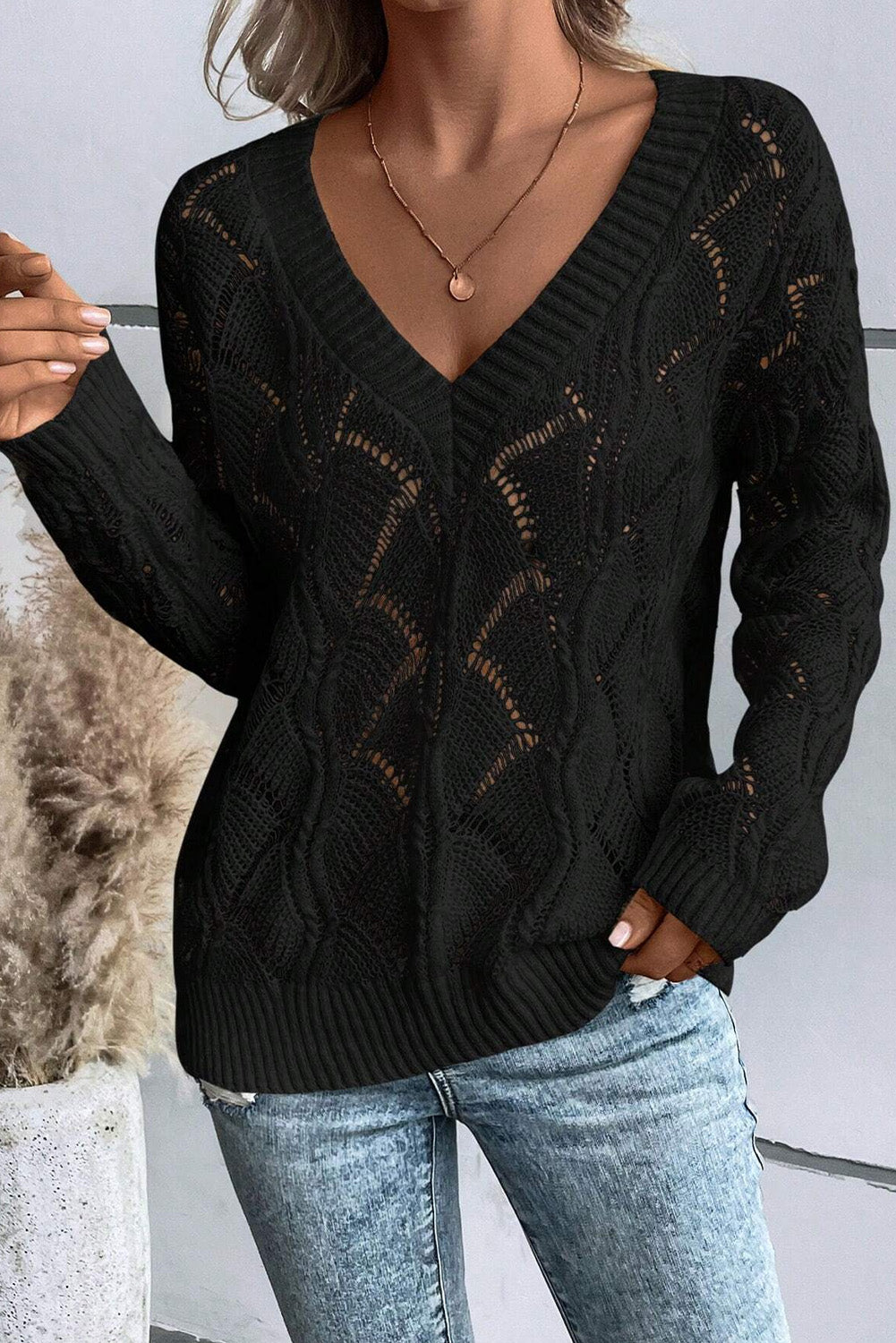 Black Hollow Out Knit V Neck Drop Shoulder Sweater-Sweaters & Cardigans/Sweaters-[Adult]-[Female]-2022 Online Blue Zone Planet