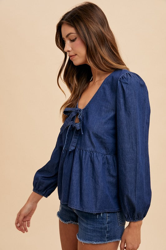 Annie Wear Tie Front Peplum Long Sleeve Denim Top-TOPS / DRESSES-[Adult]-[Female]-2022 Online Blue Zone Planet