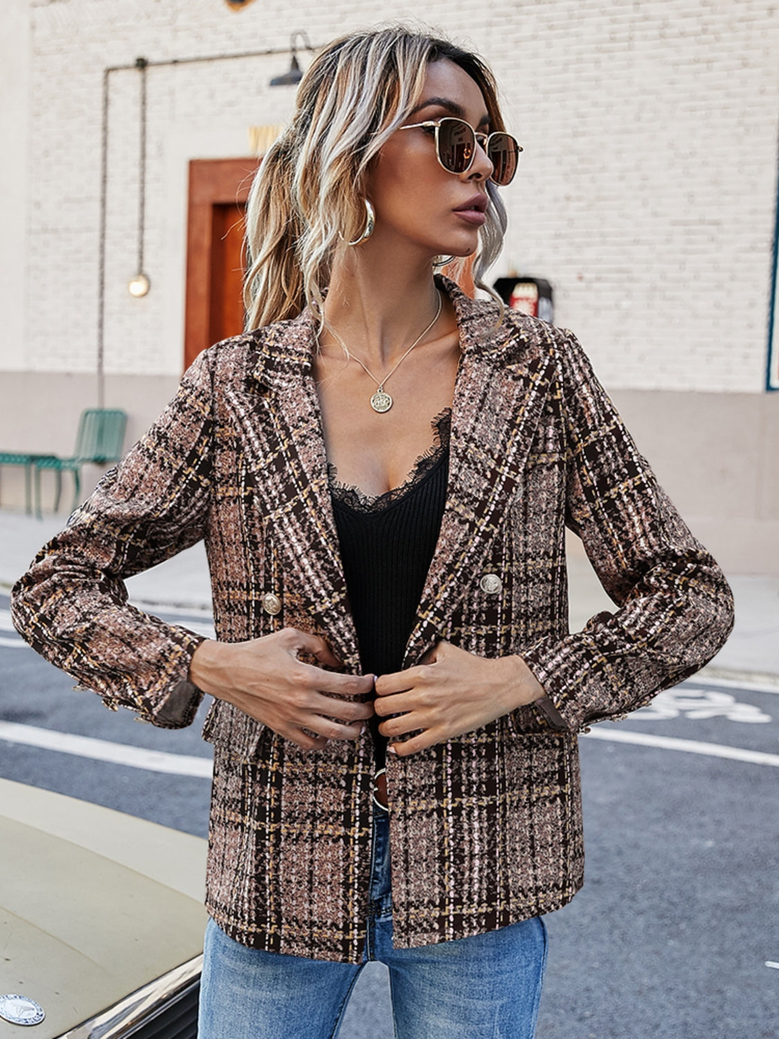 Full Size Plaid Lapel Collar Blazer-TOPS / DRESSES-[Adult]-[Female]-2022 Online Blue Zone Planet