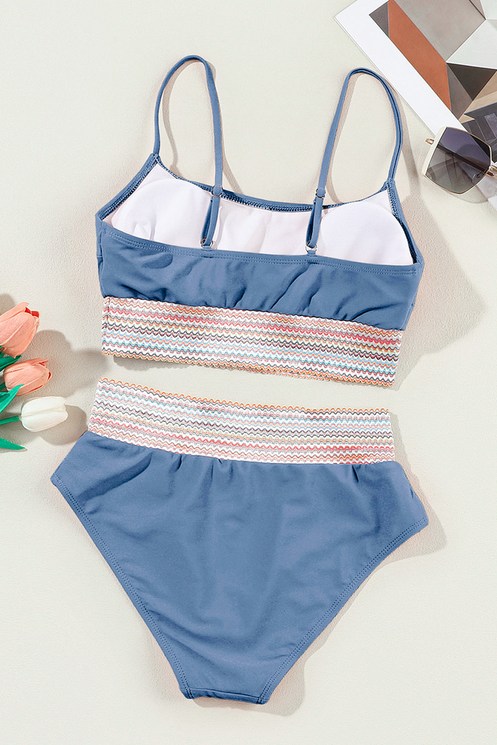 Dusk Blue Colorful Stitch Border Detail 2pcs High Waist Bikini Swimsuit-Swimwear/Bikinis-[Adult]-[Female]-2022 Online Blue Zone Planet
