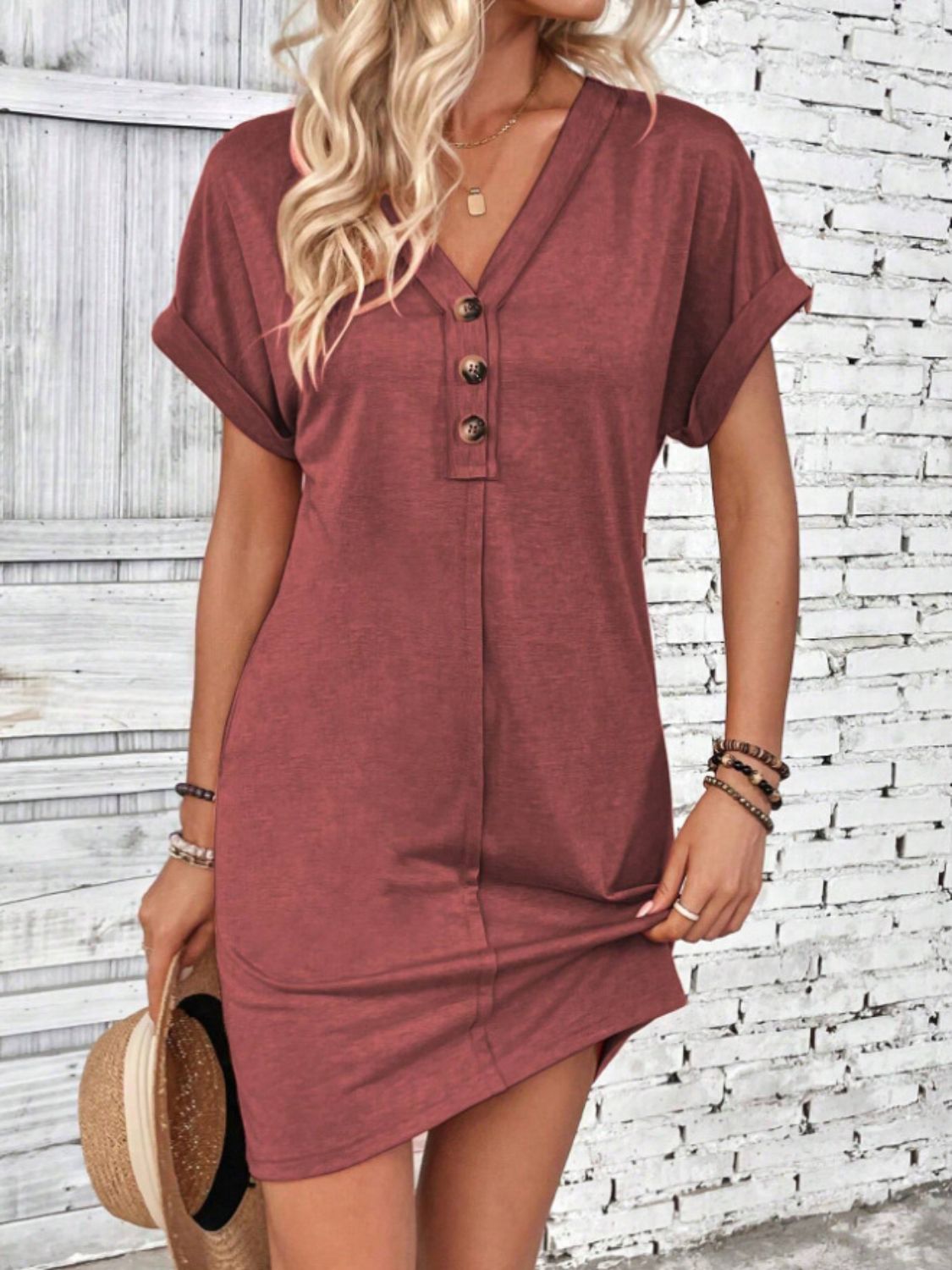 Quarter Button V-Neck Short Sleeve Dress-TOPS / DRESSES-[Adult]-[Female]-Rust-S-2022 Online Blue Zone Planet