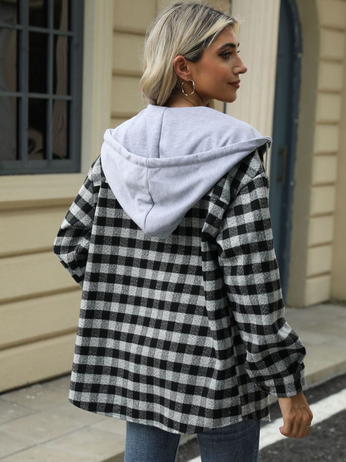 Drawstring Plaid Long Sleeve Hooded Jacket-TOPS / DRESSES-[Adult]-[Female]-2022 Online Blue Zone Planet