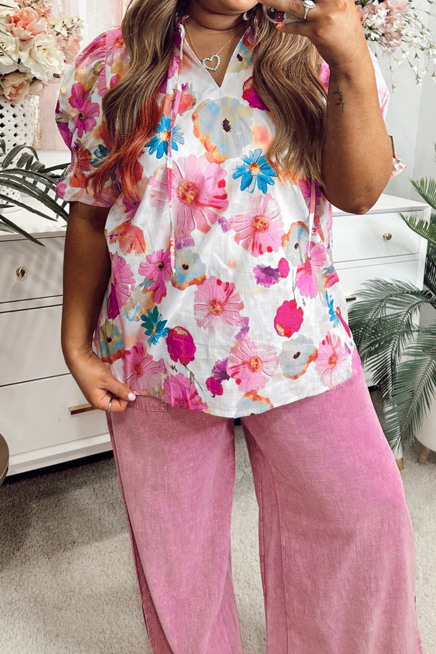 Pink Plus Size Floral Print Ruched Short Sleeve Blouse-Plus Size/Plus Size Tops/Plus Size Blouses & Shirts-[Adult]-[Female]-2022 Online Blue Zone Planet