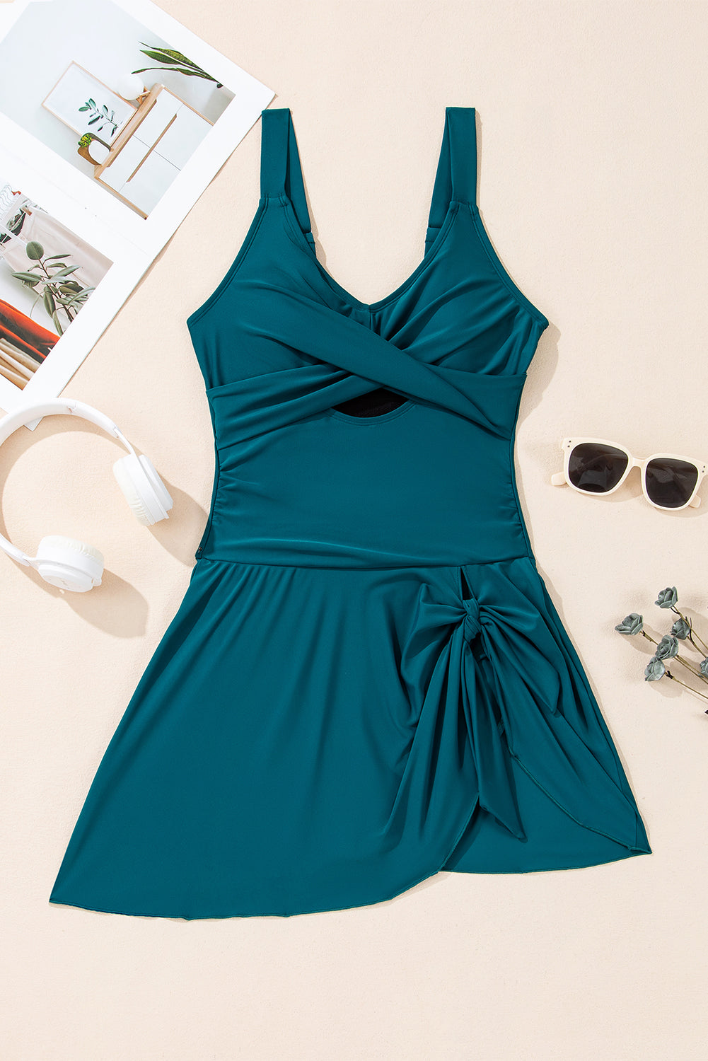 Sea Green Adjustable Straps Cutout Ruched Knot Slit One Piece Swim Dress-One-Piece-[Adult]-[Female]-2022 Online Blue Zone Planet