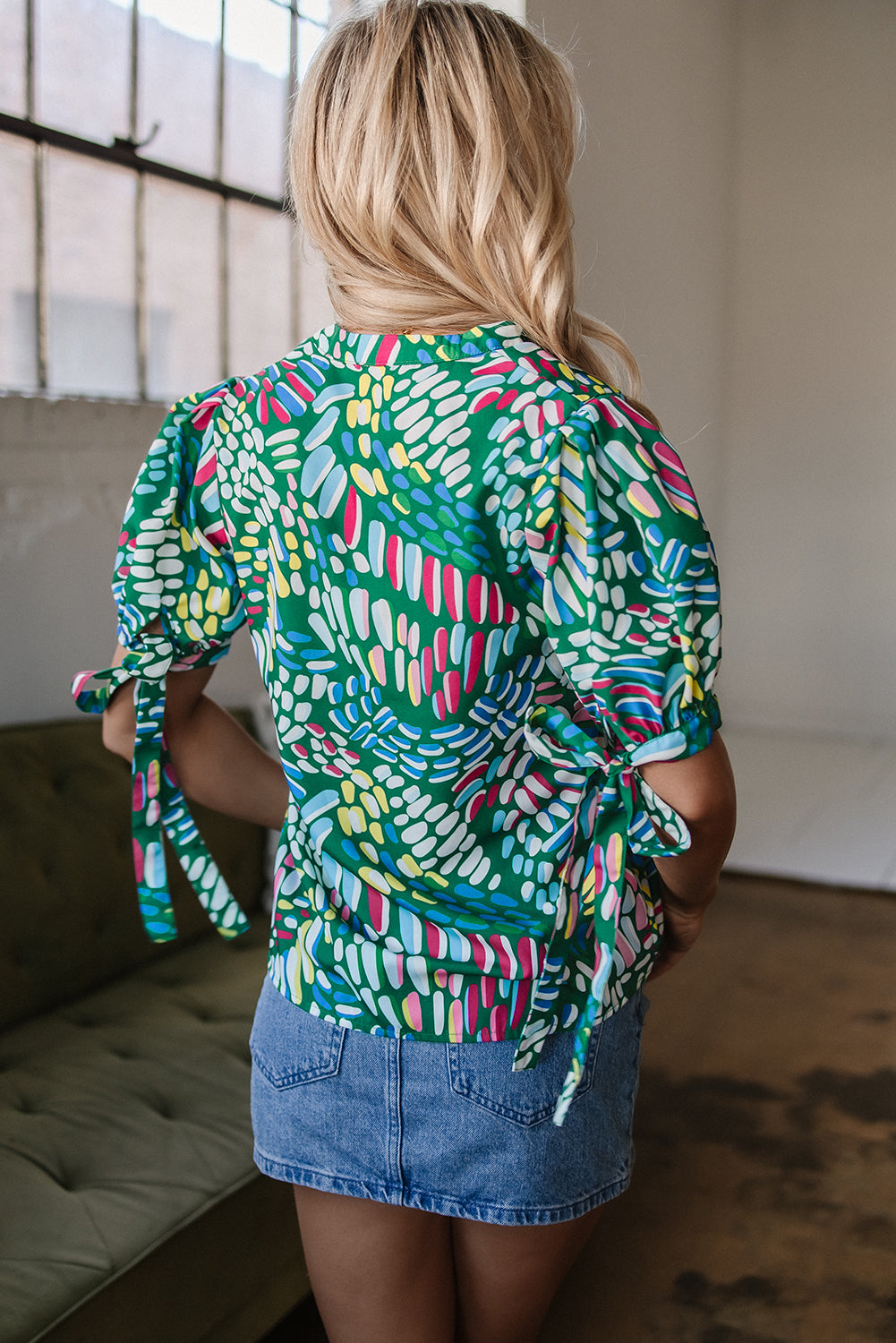 Green Brushwork Geometric Print Puff Sleeve Notched Neck Blouse-Tops/Blouses & Shirts-[Adult]-[Female]-2022 Online Blue Zone Planet