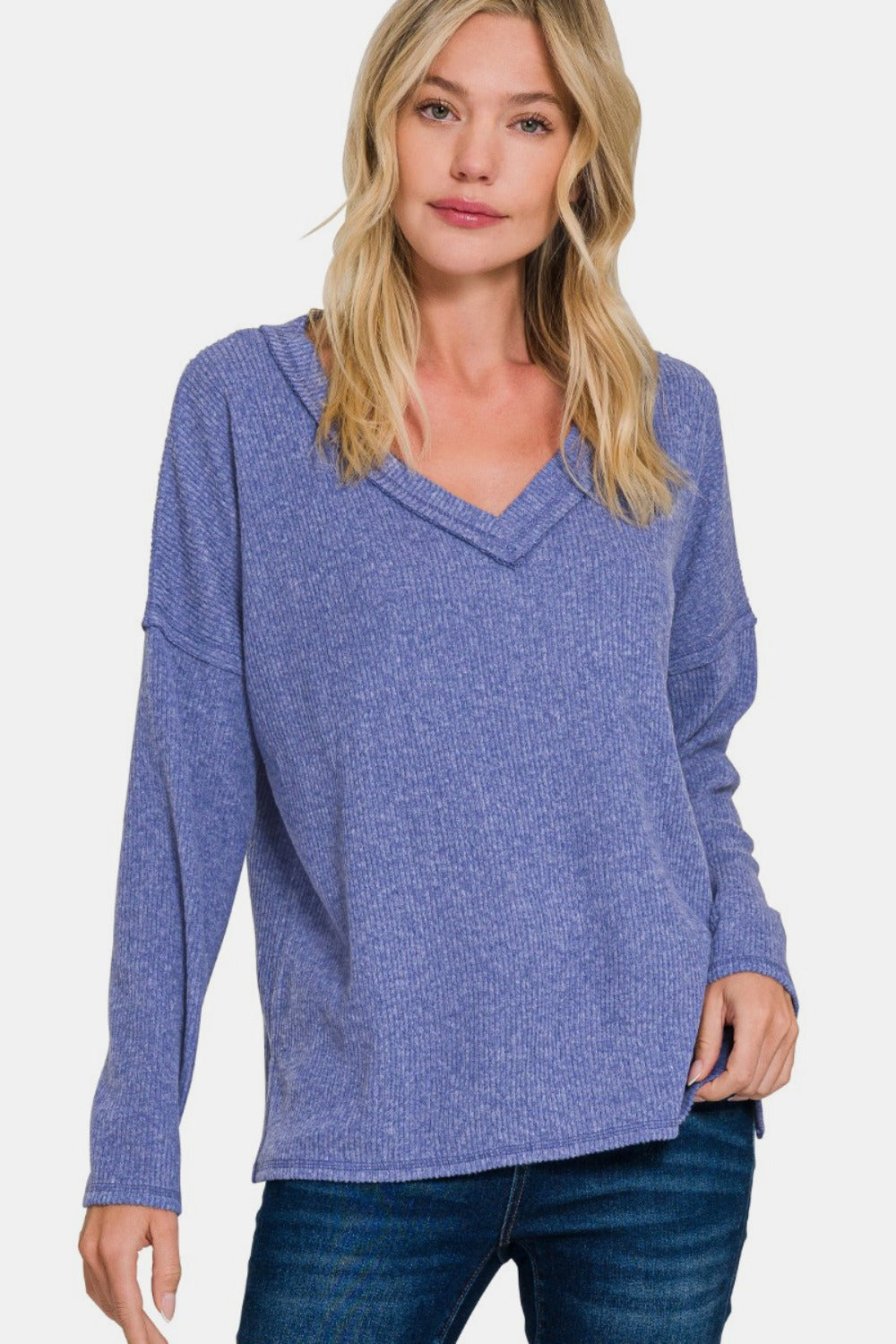 Blue Zone Planet | Zenana Full Size Ribbed V-Neck Drop Shoulder Top-TOPS / DRESSES-[Adult]-[Female]-Marlin-S-2022 Online Blue Zone Planet