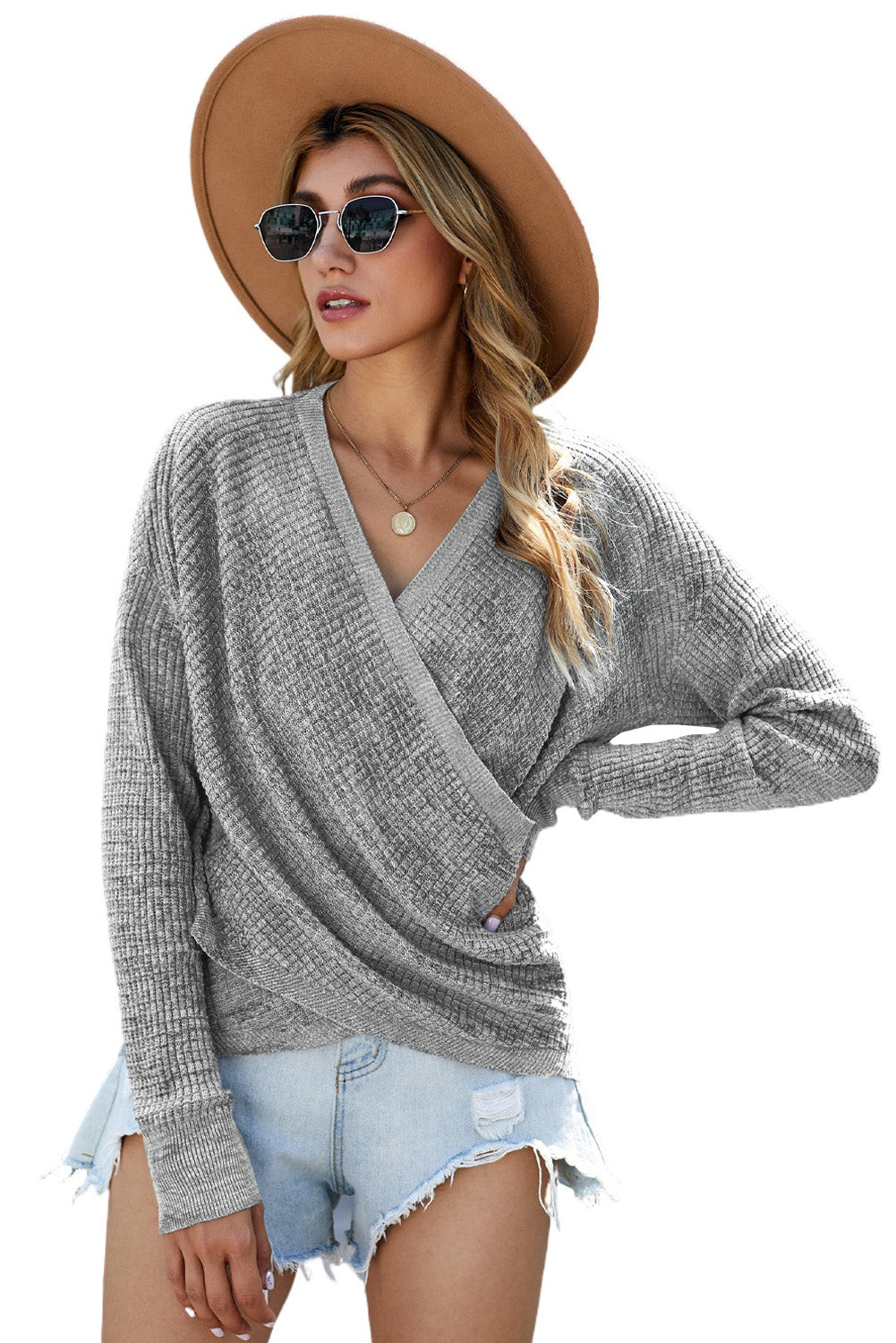 Blue Zone Planet | Khaki Wrap V Neck Waffle Sweater-Sweaters-[Adult]-[Female]-2022 Online Blue Zone Planet