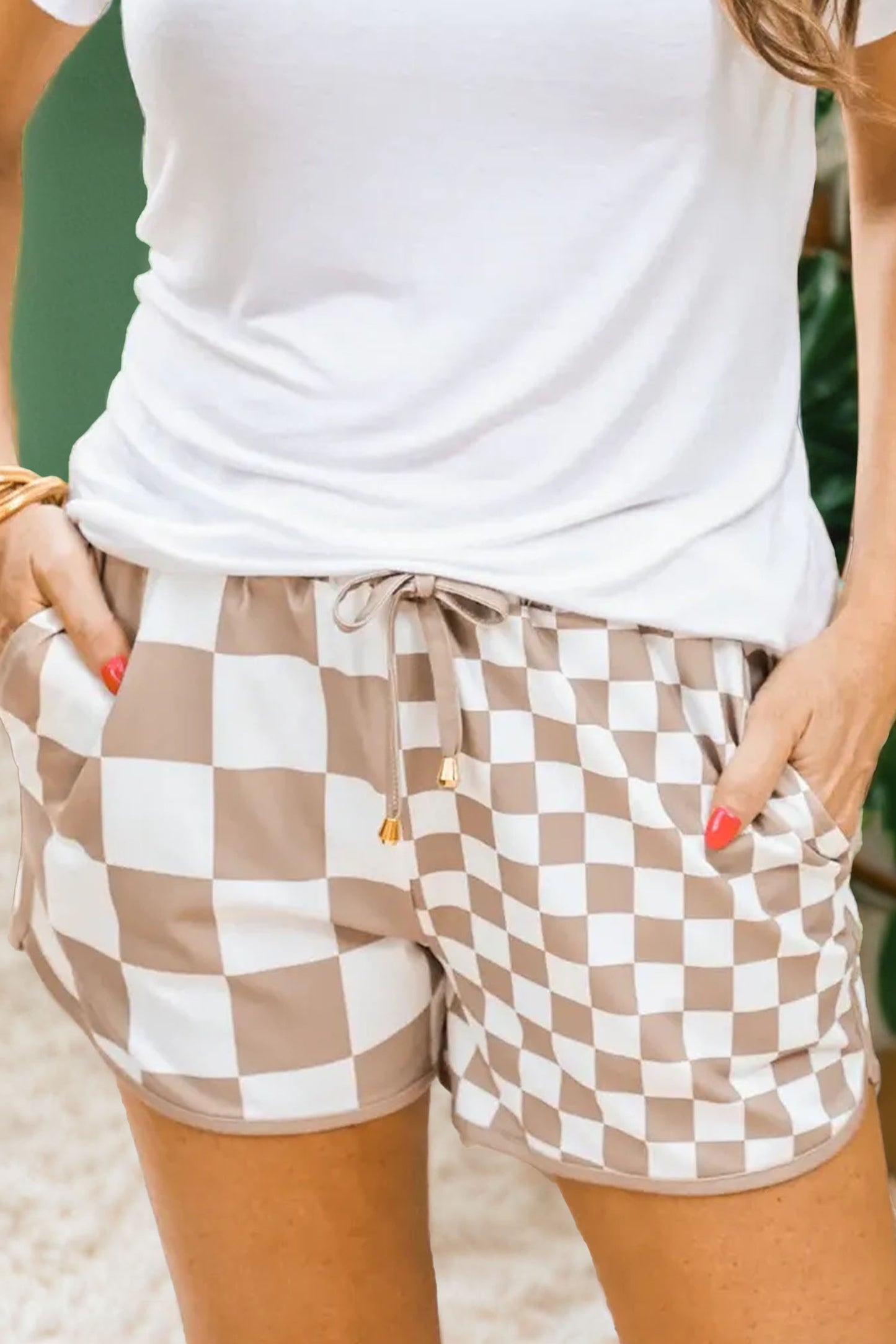 Khaki Double Checkered Print Beaded Drawstring Casual Shorts-Bottoms/Casual Shorts-[Adult]-[Female]-Khaki-S-2022 Online Blue Zone Planet