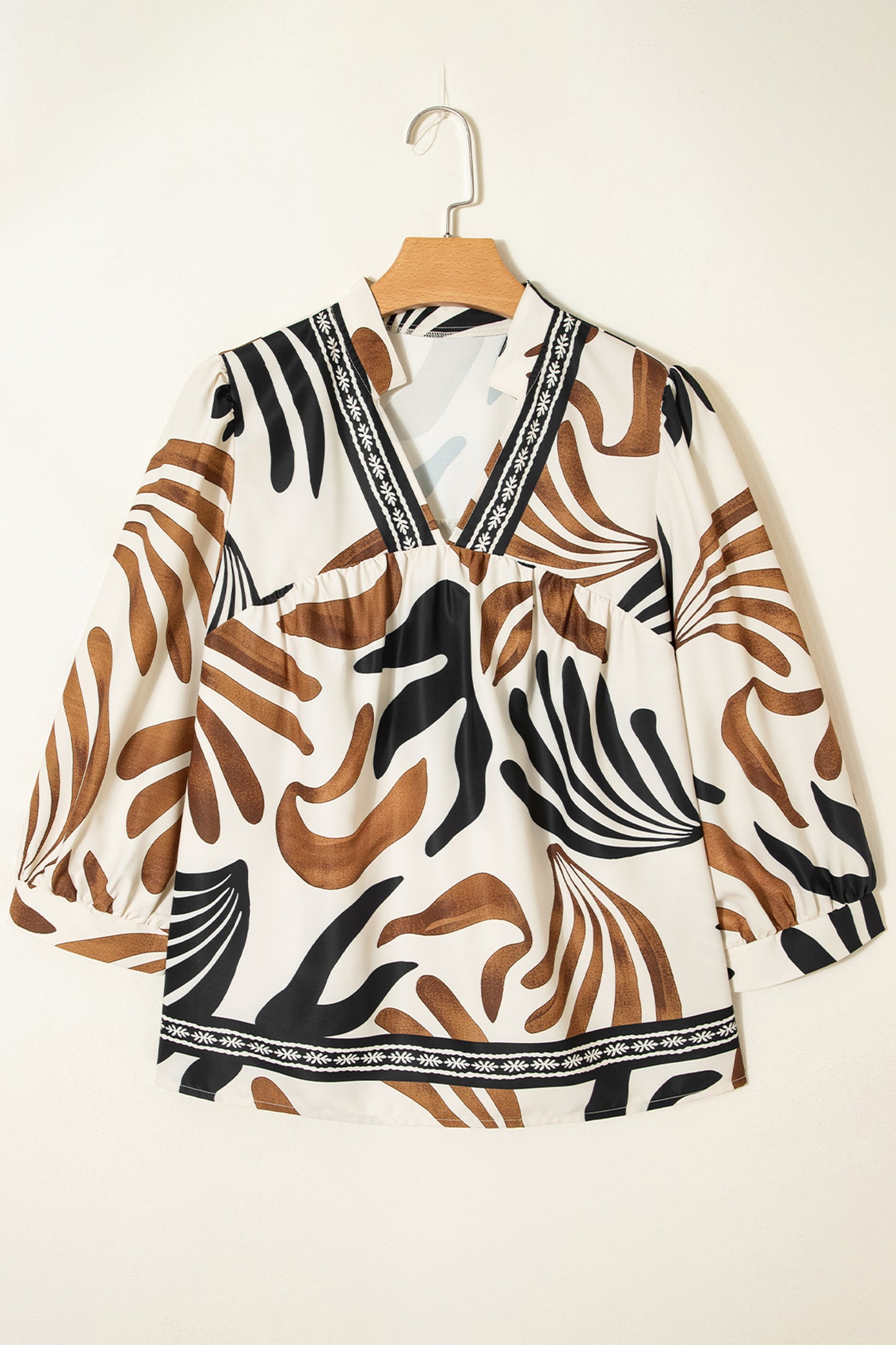 Brown Abstract Print Puff Sleeve Loose Blouse-Tops/Blouses & Shirts-[Adult]-[Female]-2022 Online Blue Zone Planet