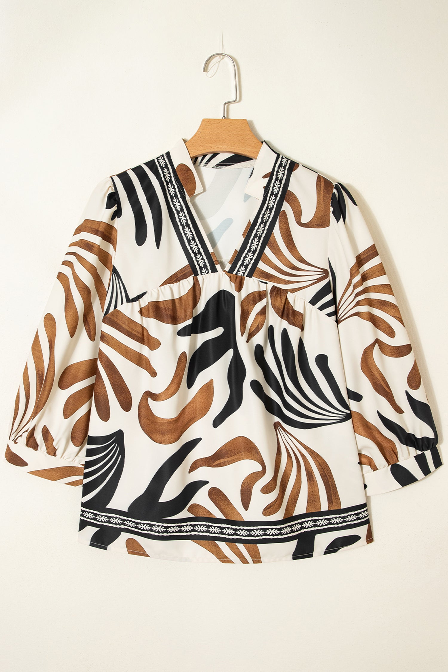 Brown Abstract Print Puff Sleeve Loose Blouse-Tops/Blouses & Shirts-[Adult]-[Female]-2022 Online Blue Zone Planet