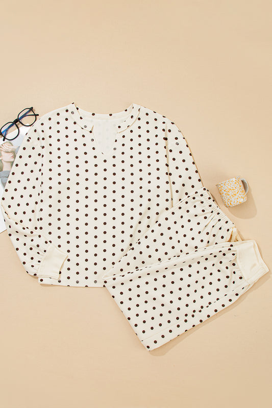 White Polka Dot Print Notched Neck Long Sleeve Top Drawstring Jogger Pants Waffle Knit Lounge Set-Loungewear & Sleepwear/Loungewear-[Adult]-[Female]-2022 Online Blue Zone Planet
