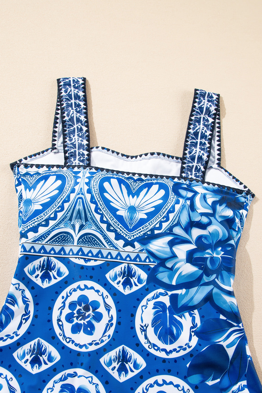 Blue Tile Pattern Ricrac Wide Straps Sheath One Piece Swimsuit-Swimwear/One Piece Swimsuit-[Adult]-[Female]-2022 Online Blue Zone Planet
