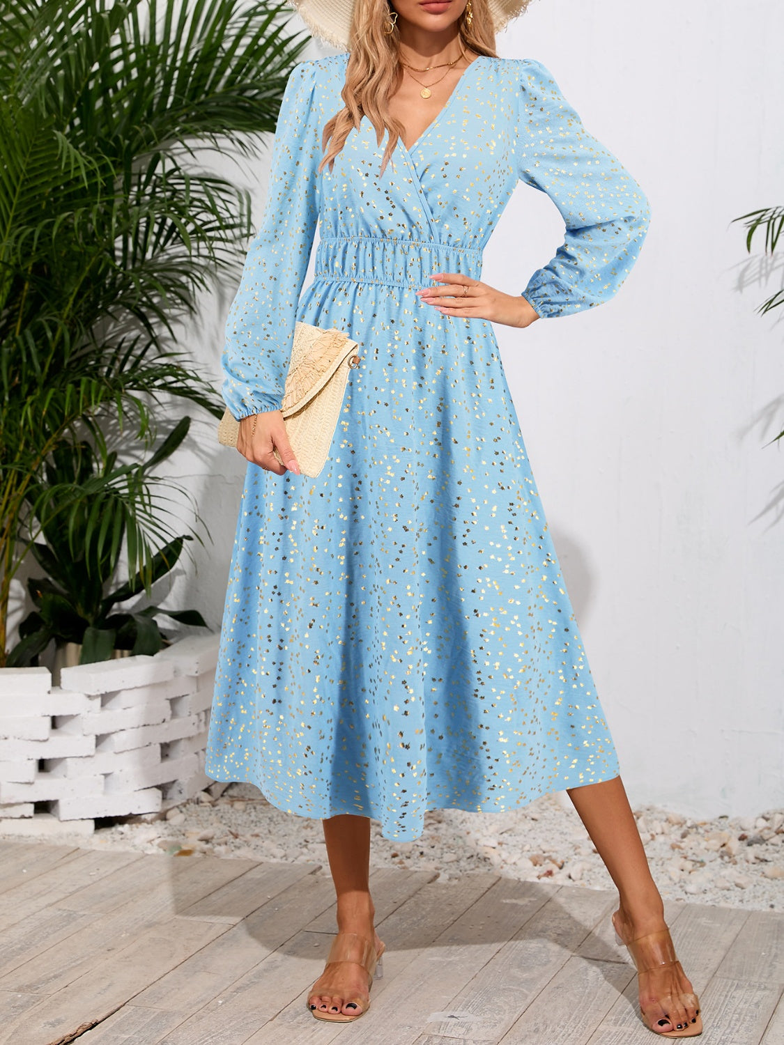 Printed Surplice Long Sleeve Midi Dress-TOPS / DRESSES-[Adult]-[Female]-2022 Online Blue Zone Planet