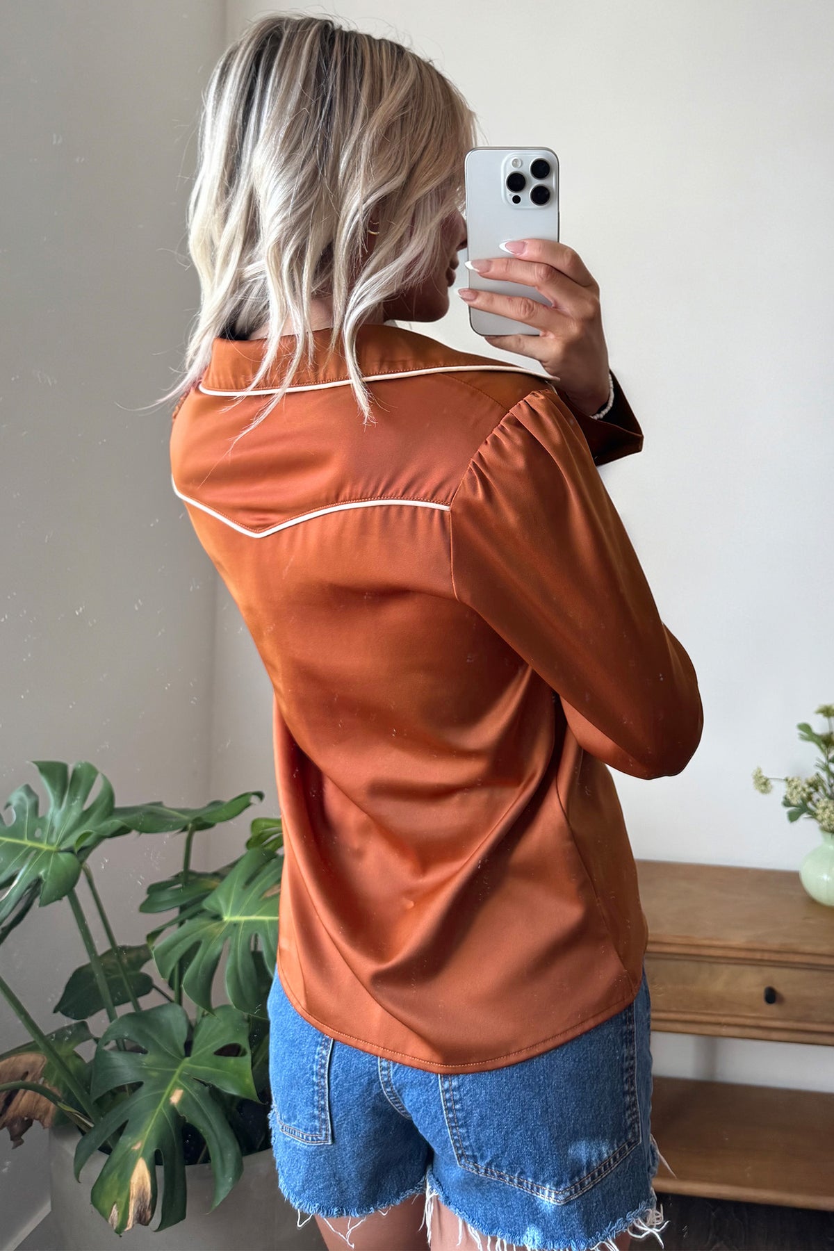 Cinnamon Silky Long Sleeve Button Front Western Fashion Shirt-Tops/Blouses & Shirts-[Adult]-[Female]-2022 Online Blue Zone Planet