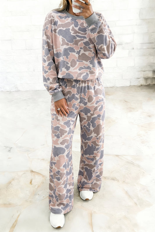 Multicolour Camouflage Print Long Sleeve Top Loose 2pcs Pants Set-Two Piece Sets/Pant Sets-[Adult]-[Female]-2022 Online Blue Zone Planet