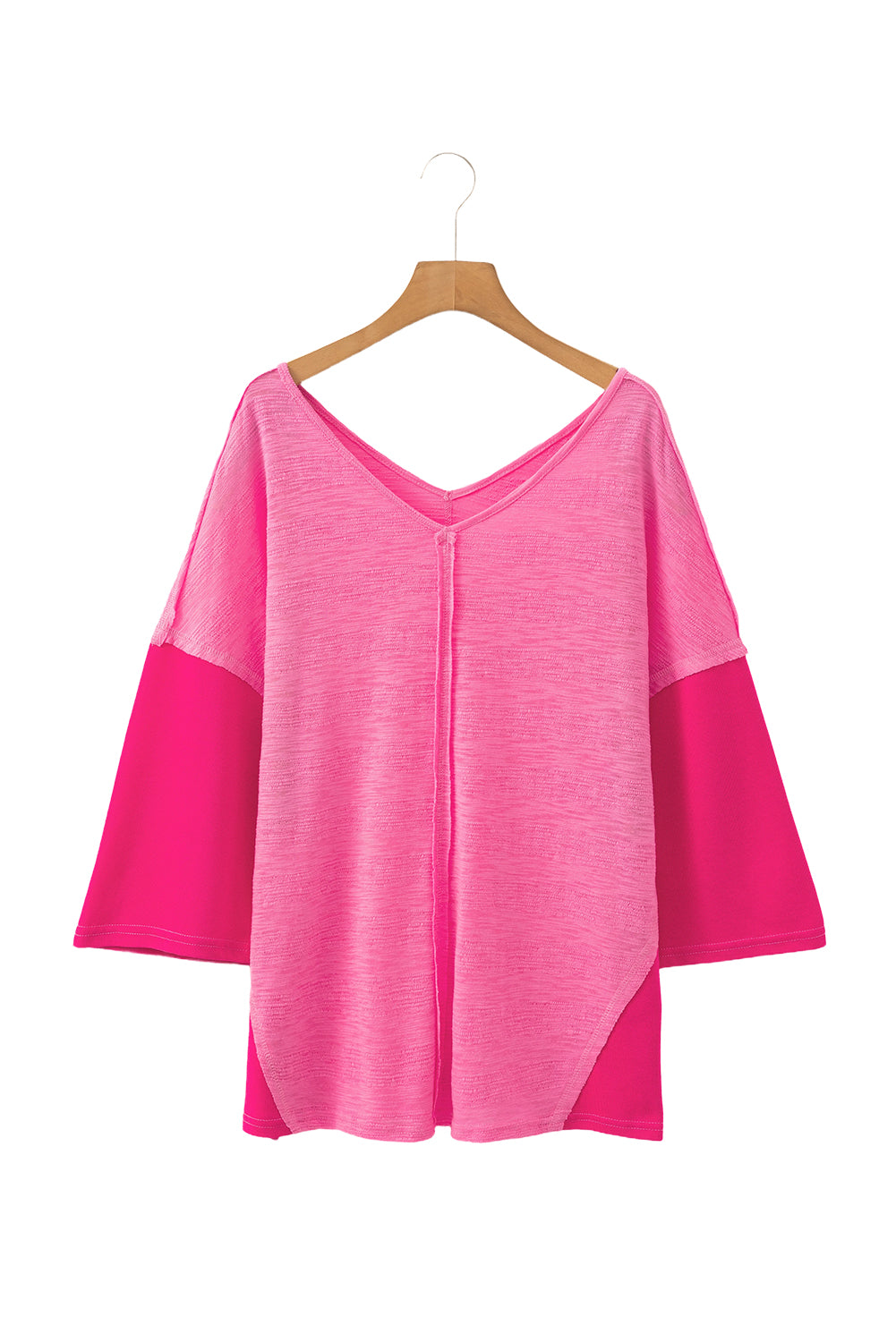 Sachet Pink V-Neck Exposed Seam Patchwork Top-T Shirts-[Adult]-[Female]-2022 Online Blue Zone Planet